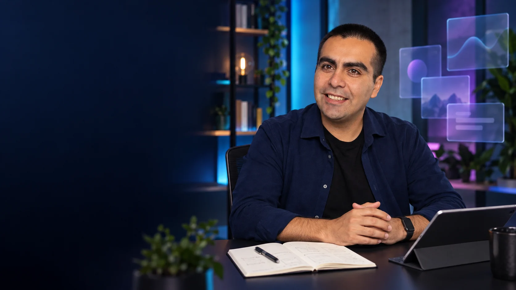 Composición de Álvaro Maureira en un estudio creativo con elementos de inteligencia artificial