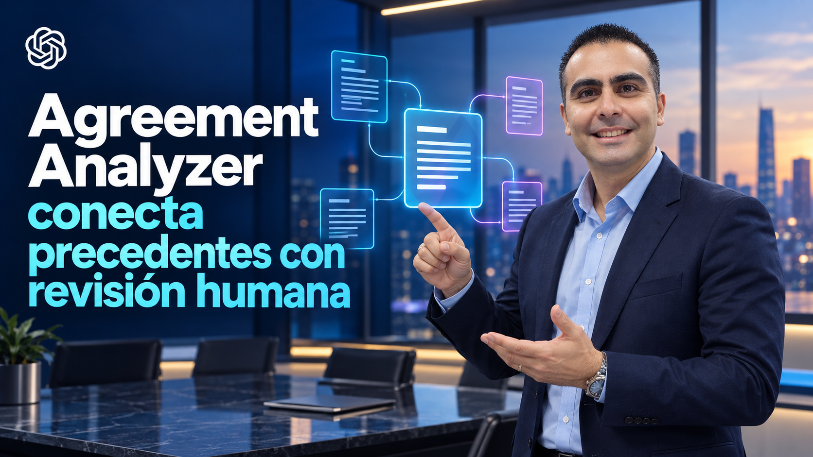 Álvaro explica documentos con mirada frontal y símbolo oficial de OpenAI.