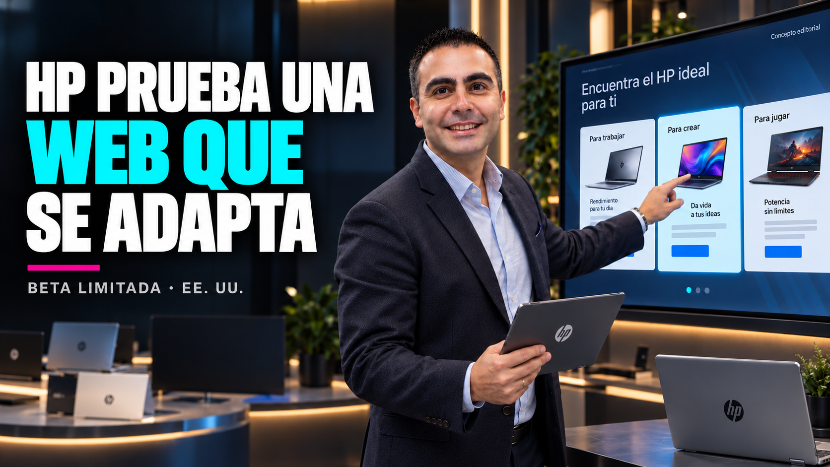Concepto editorial: Álvaro muestra una web adaptativa en un showroom de HP. Texto: HP prueba una web que se adapta. Beta limitada en EE. UU.