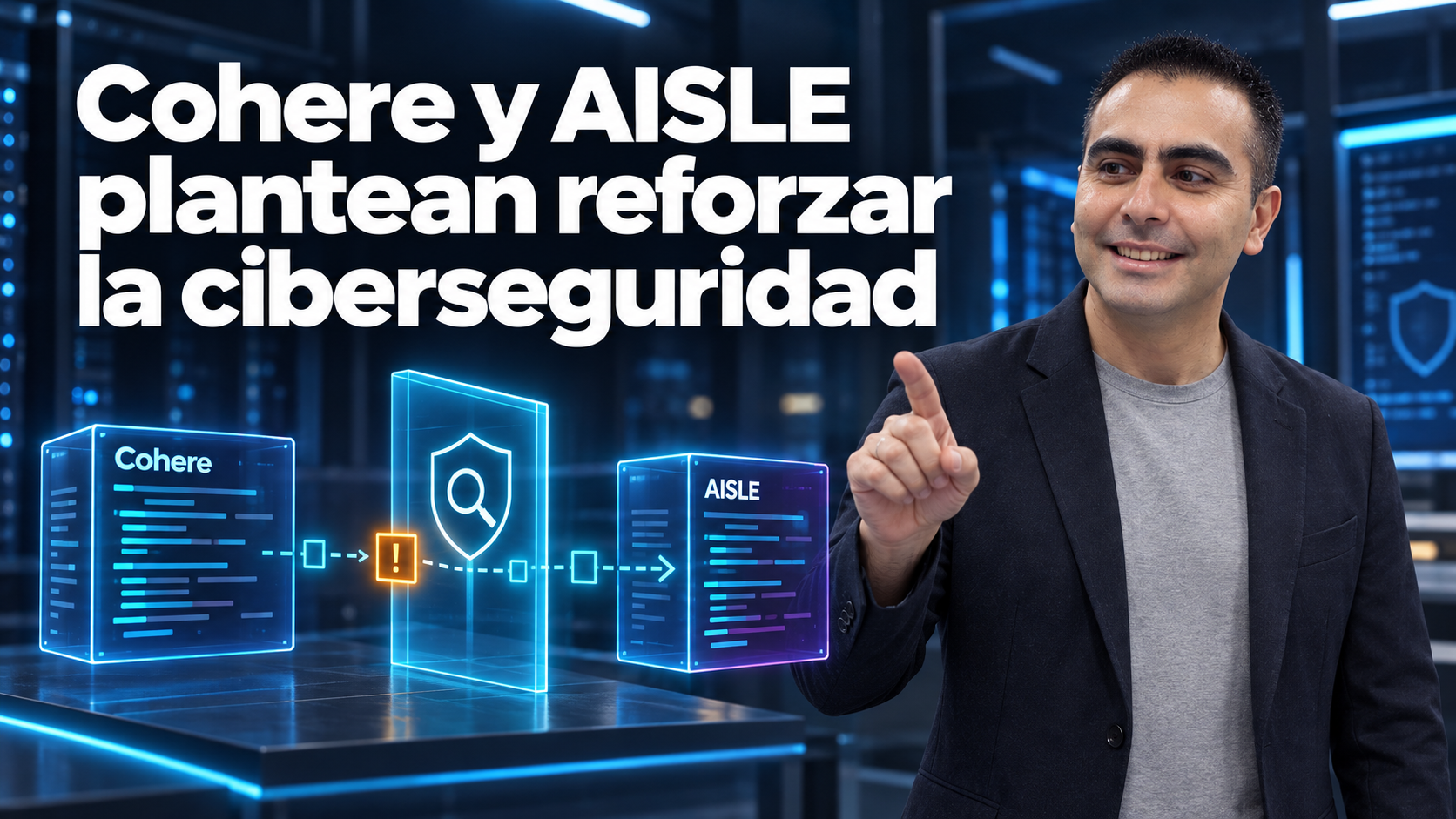 Ilustración editorial: Álvaro señala una revisión de código junto a nombres Cohere y AISLE y un control de seguridad; representa una operación propuesta, no una integración disponible.