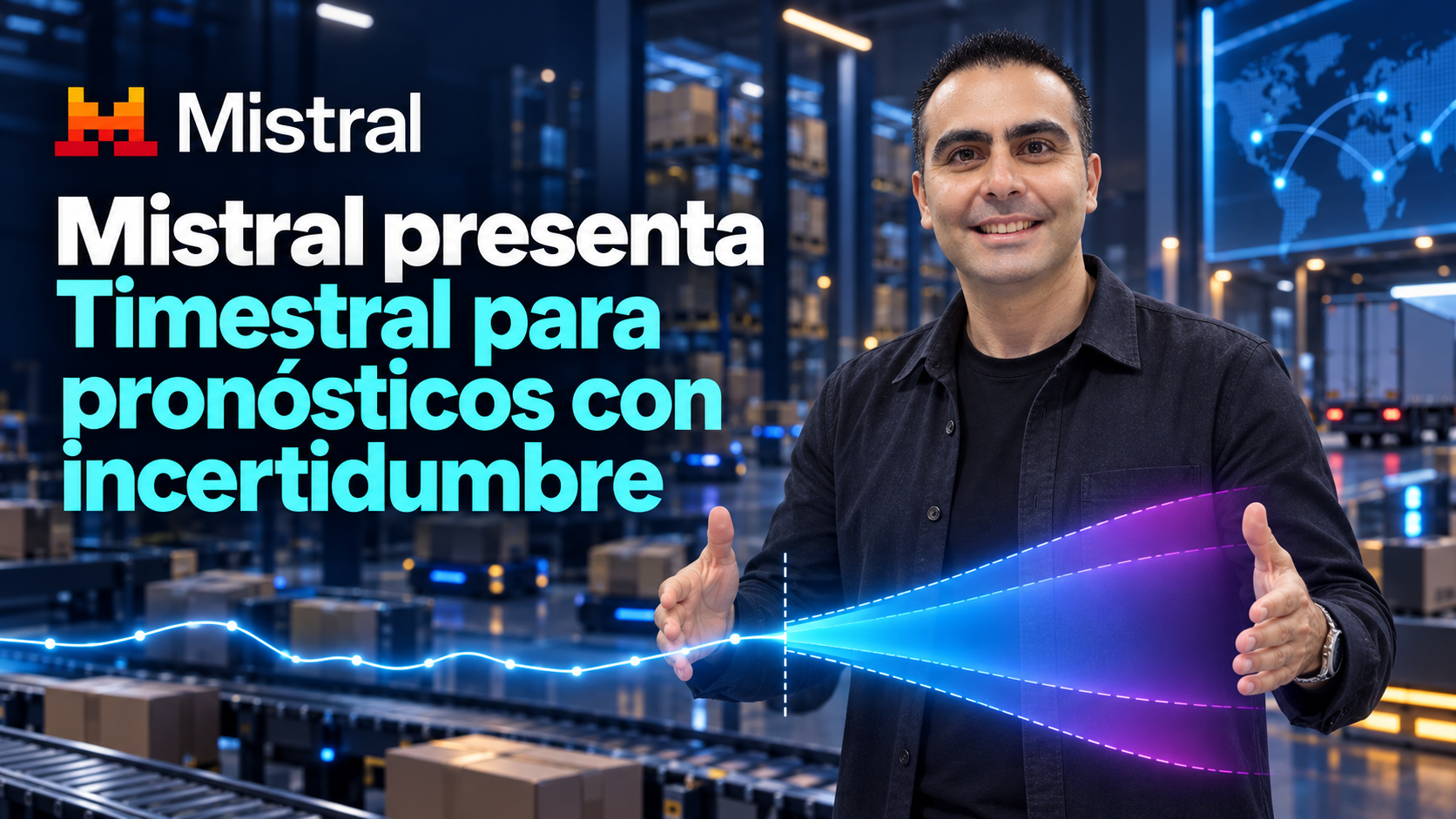 Álvaro muestra una banda de incertidumbre que se ensancha para explicar los pronósticos de Timestral en una escena de planificación logística.
