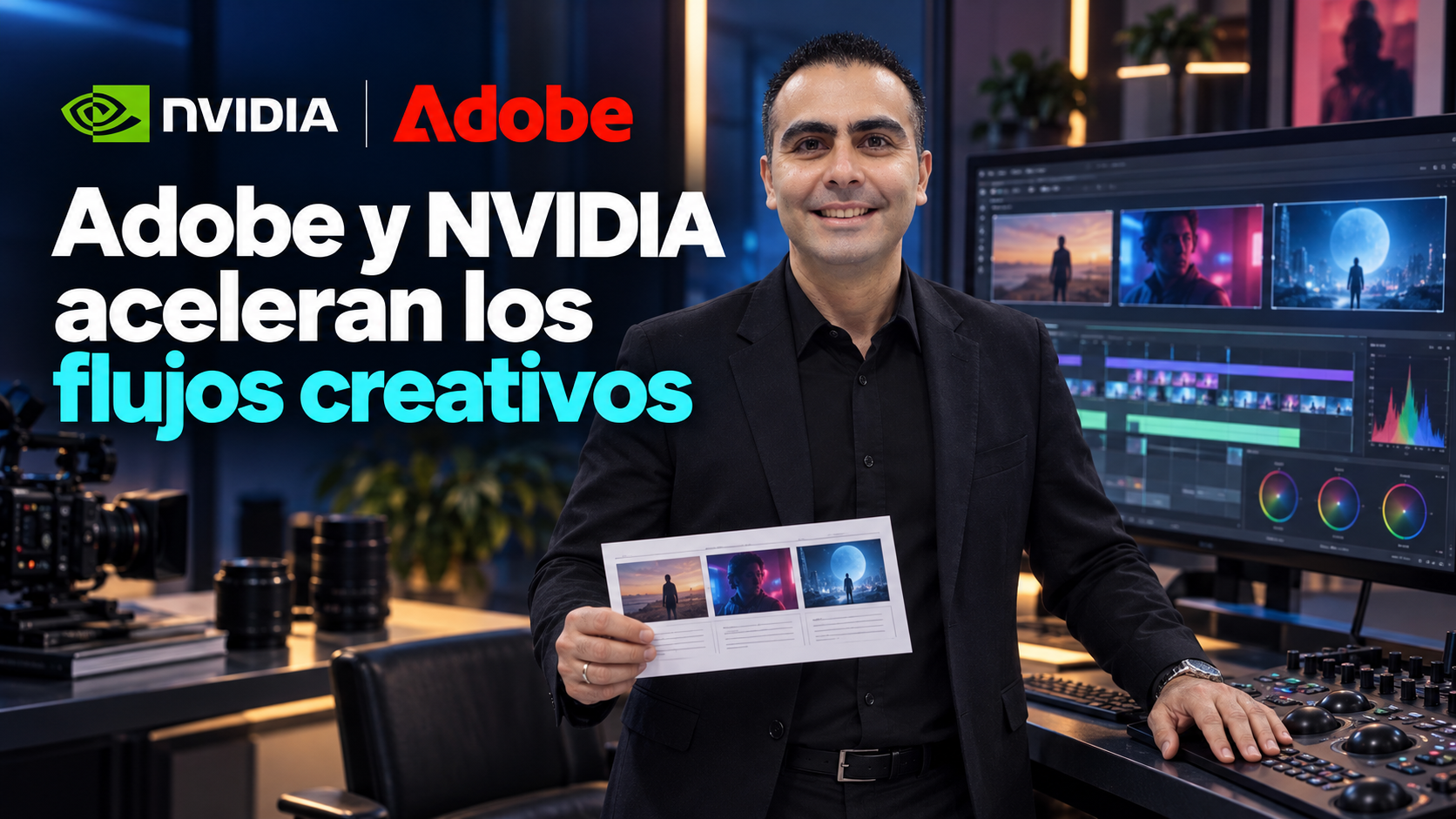 Álvaro presenta un storyboard junto a una consola de edición y una línea de tiempo, en una ilustración conceptual de los flujos creativos de Adobe y NVIDIA.