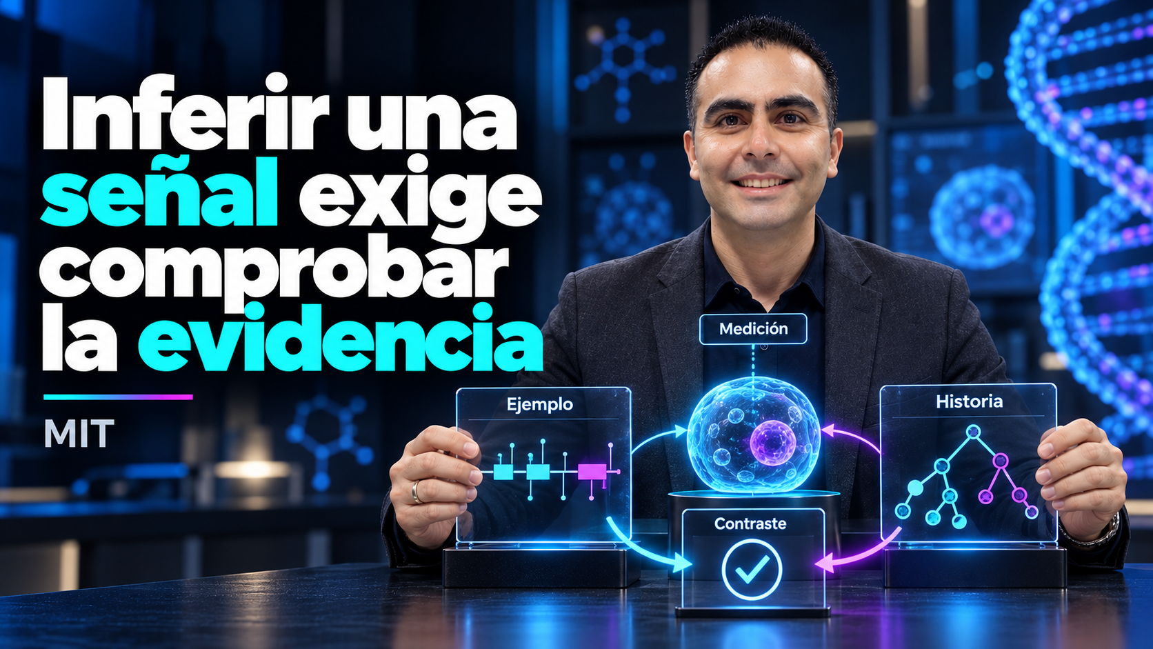 Álvaro compara mediciones e hipótesis junto a una célula ilustrativa.