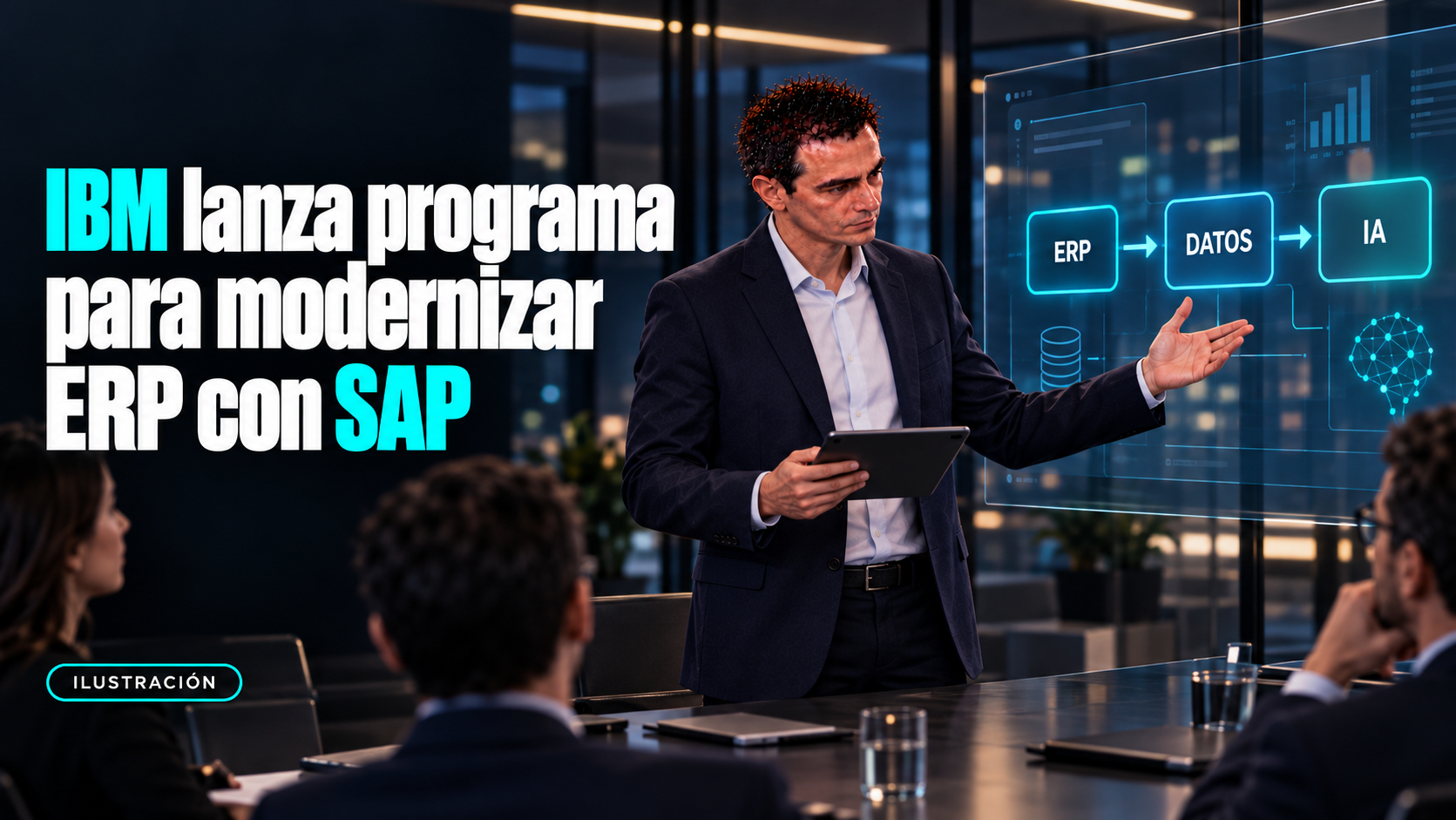 Ilustración de Álvaro de pie en una sala ejecutiva, señalando un flujo visual con las etapas ERP, datos e IA.