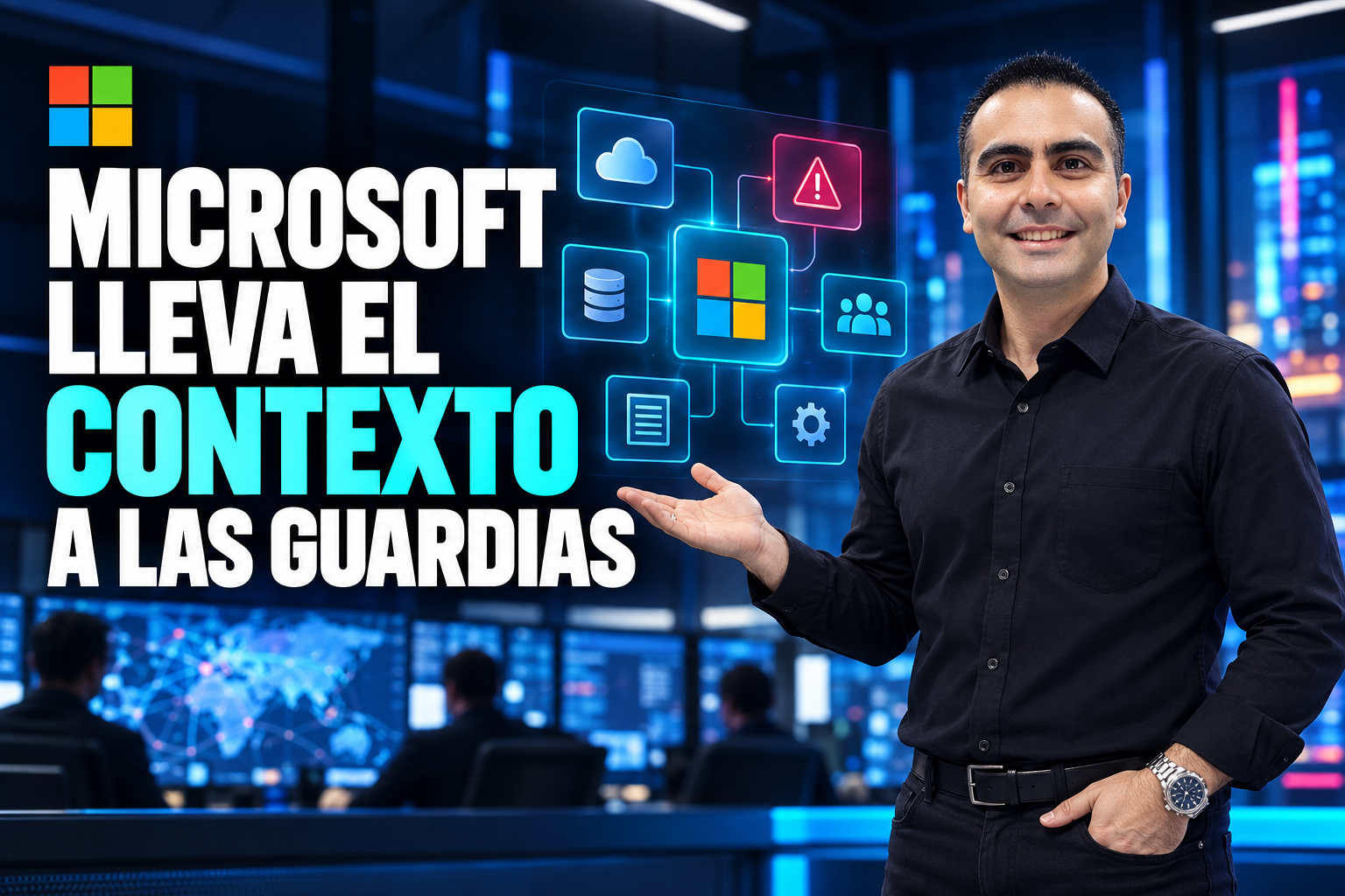 Álvaro presenta un panel de contexto para analizar incidentes, de pie y mirando al frente.