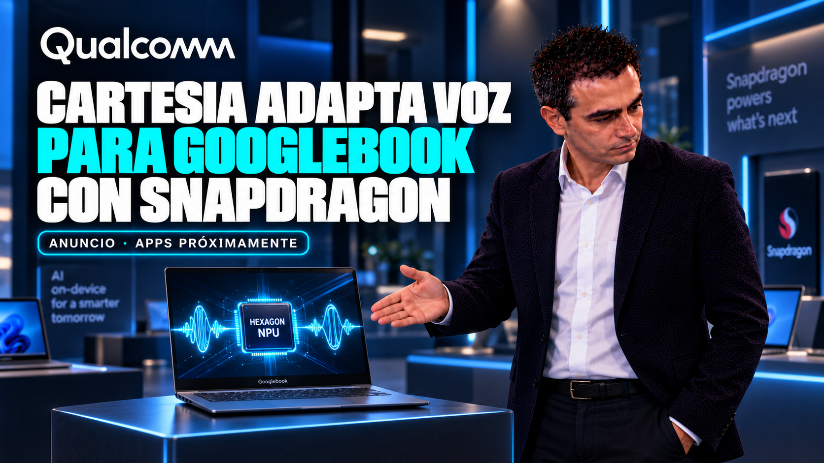 Ilustración editorial de Álvaro junto a un portátil con ondas de voz y un chip Hexagon NPU; wordmark Qualcomm aislado, título Cartesia adapta voz para Googlebook con Snapdragon y aviso Anuncio, apps próximamente.