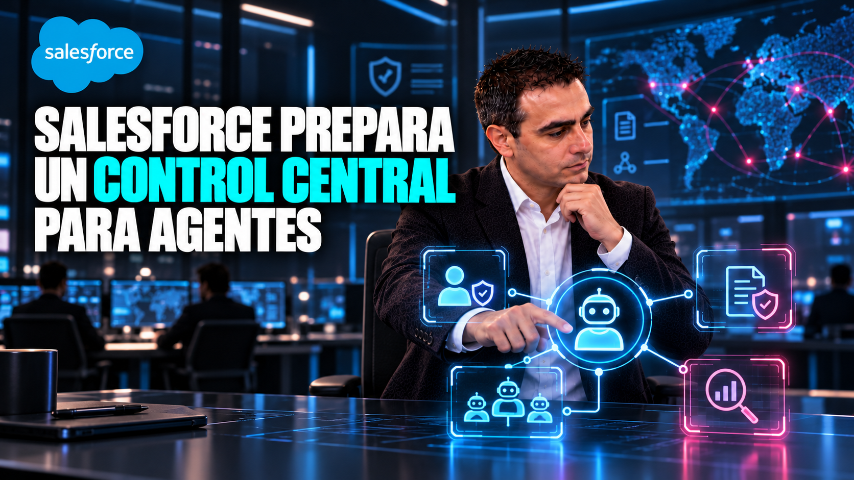 Ilustración editorial con Álvaro revisando identidad y supervisión de agentes, titulada Salesforce prepara un control central para agentes.