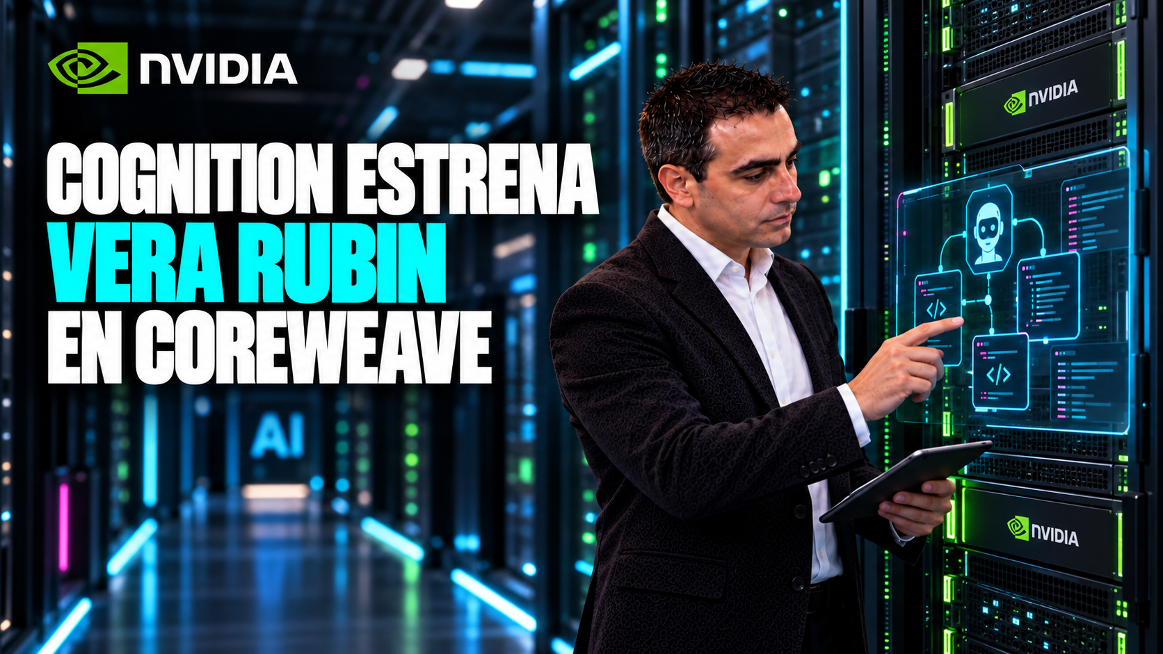 Ilustración editorial con Álvaro ante un rack de cómputo y un panel de agentes, titulada Cognition estrena Vera Rubin en CoreWeave.