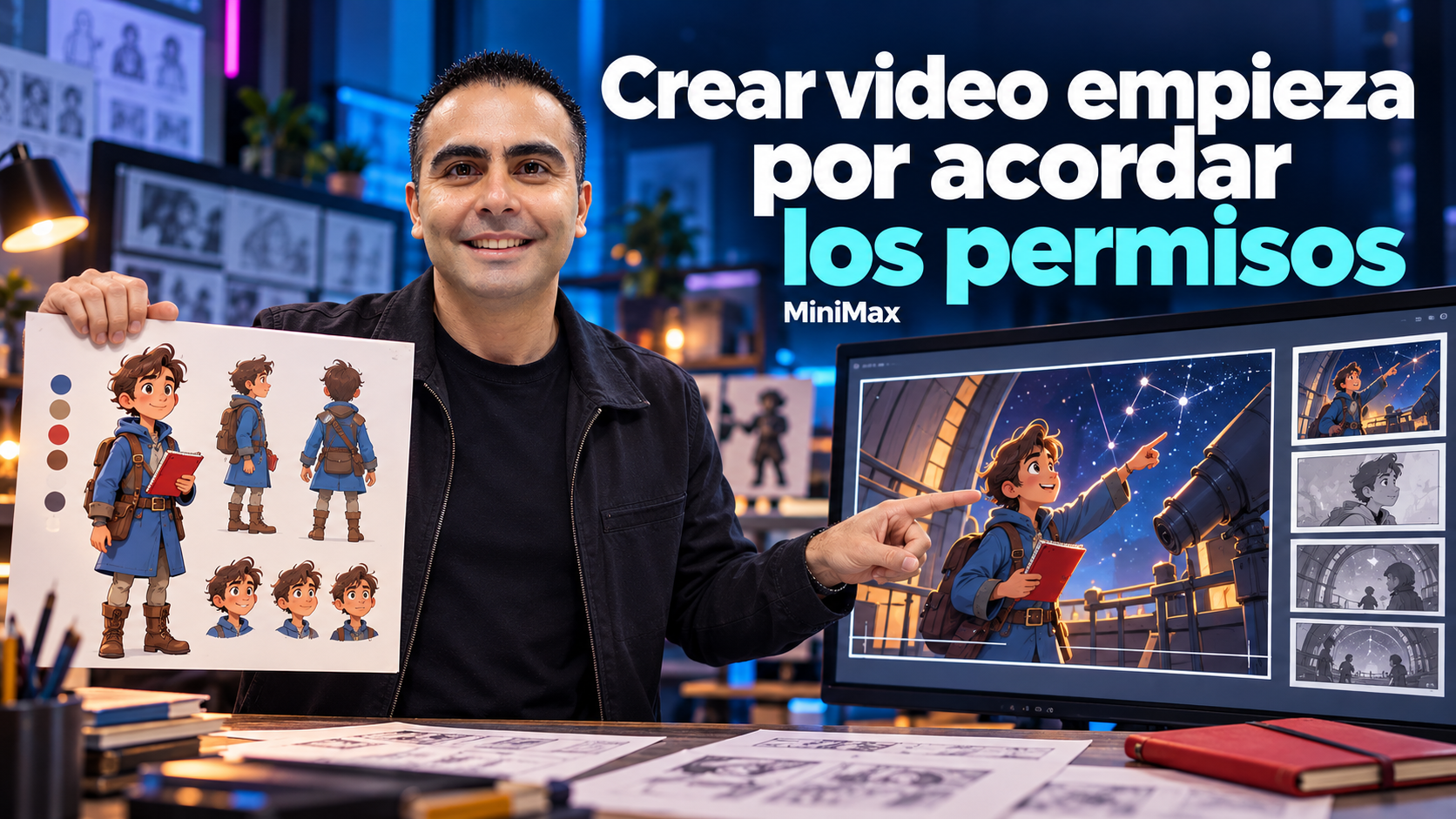Álvaro compara un personaje ilustrado con su escena de video.