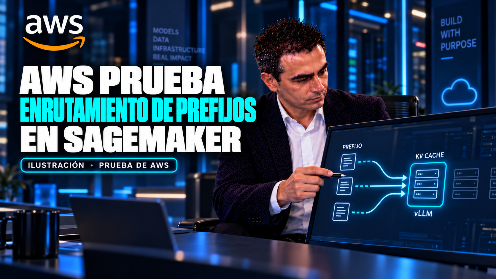 Ilustración editorial de Álvaro señalando un esquema de prefijos compartidos que convergen en una caché KV para SageMaker, con logo AWS aislado, título AWS prueba enrutamiento de prefijos en SageMaker y aviso Ilustración, prueba de AWS.