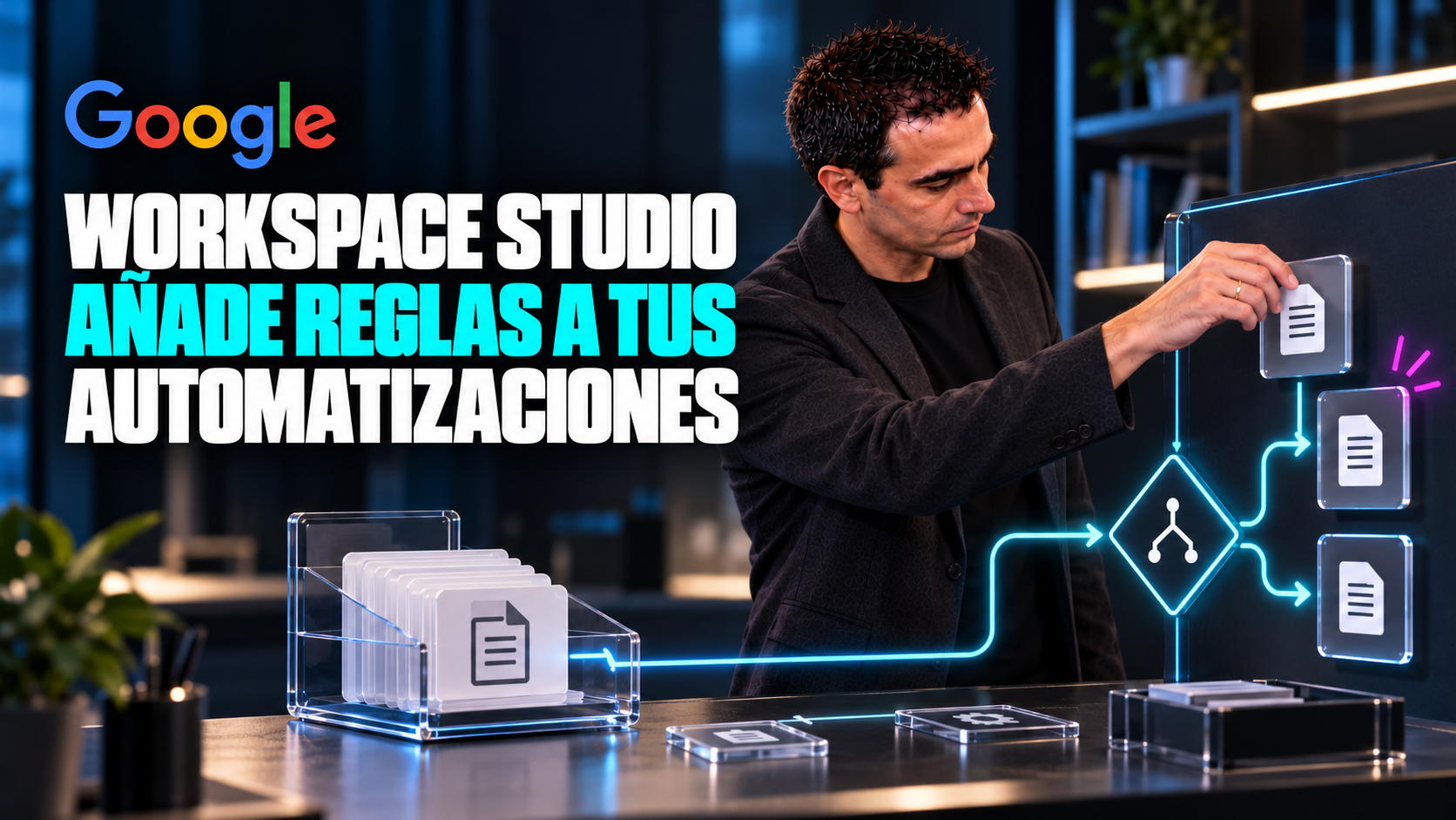 Ilustración editorial de Álvaro seleccionando un documento en un tablero físico de decisiones ramificadas para explicar Workspace Studio.