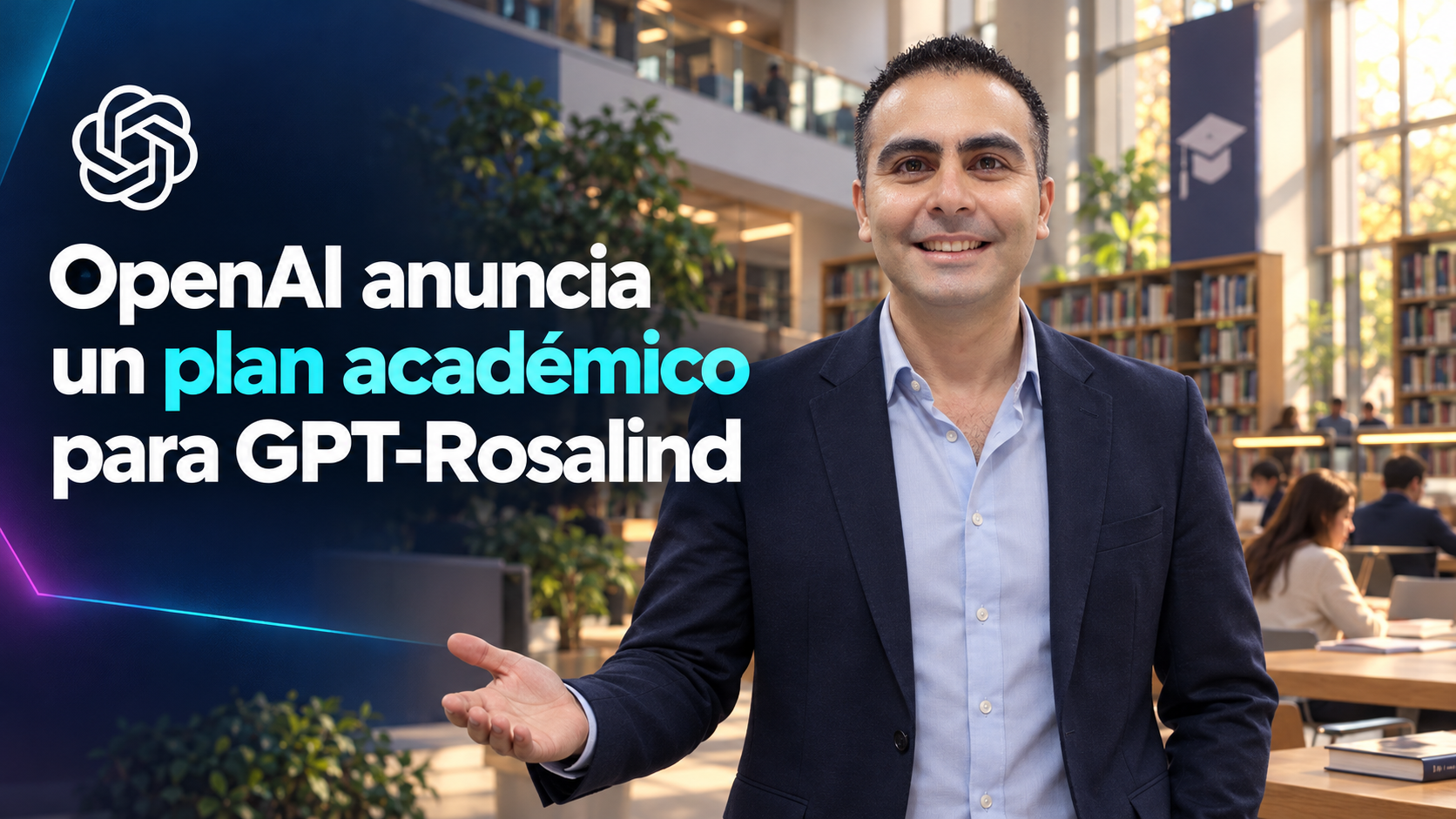 Álvaro de frente presenta un entorno universitario con el símbolo oficial de OpenAI.