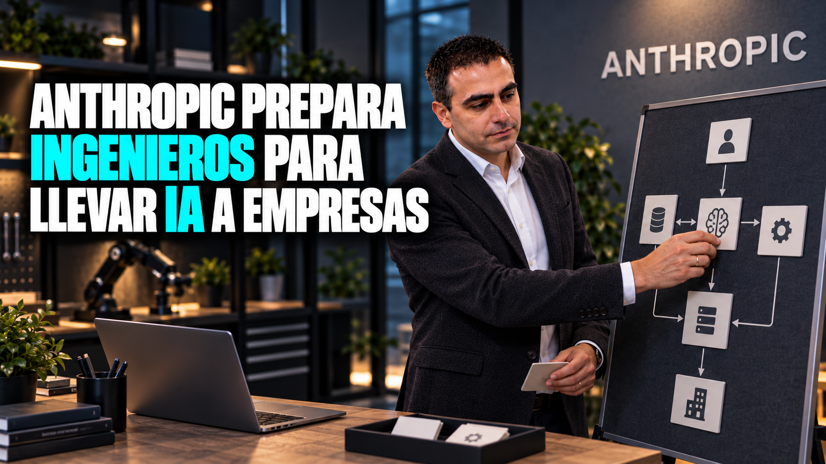 Concepto editorial: Álvaro conecta un componente a un diagrama de despliegue en un estudio de ingeniería. Texto: Anthropic prepara ingenieros para llevar IA a empresas.