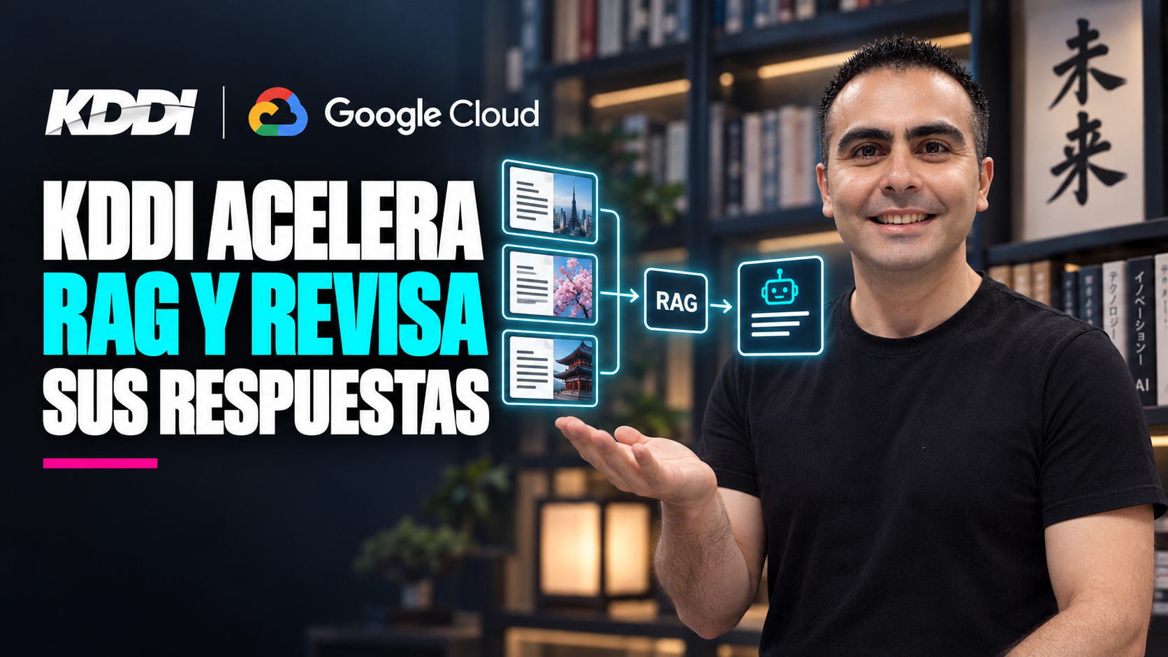 Ilustración editorial de Álvaro, con el rostro visible y una mano abierta, presentando un esquema de documentos y respuestas en una biblioteca.
