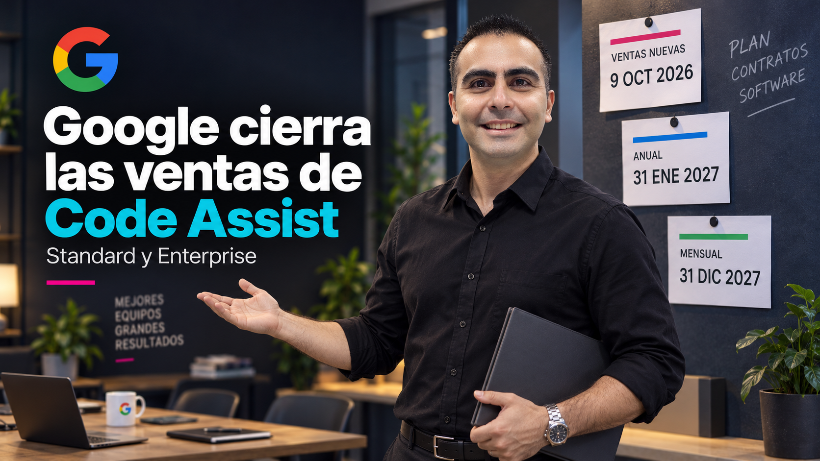 Álvaro presenta un calendario de contratos Code Assist Standard y Enterprise junto al logo de Google y las fechas de ventas y renovación.
