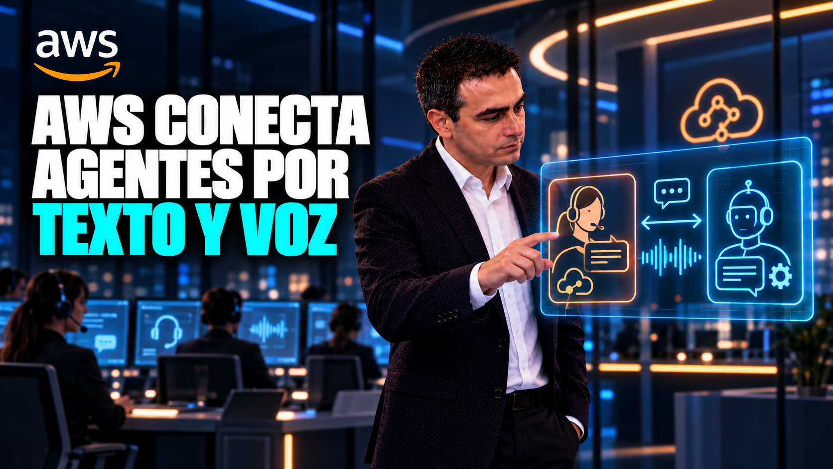 Ilustración editorial de Álvaro en un centro de contacto, señalando un flujo entre agentes con texto y voz; título AWS conecta agentes por texto y voz.