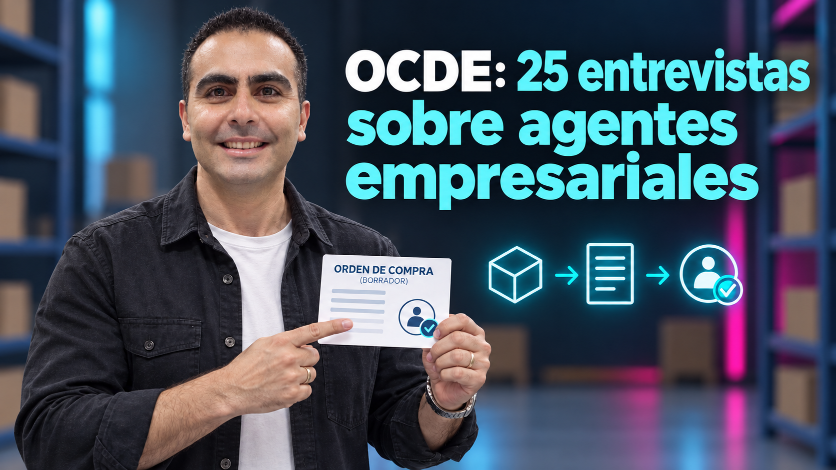 Álvaro señala un borrador de compra en un almacén conceptual.