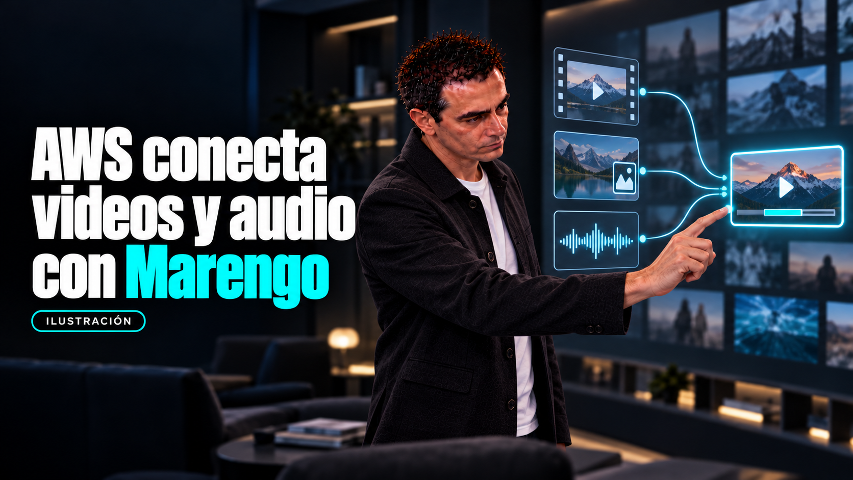 Ilustración editorial de Álvaro conectando video, imagen y audio con un segmento encontrado para explicar la búsqueda multimodal de Marengo en AWS Bedrock.