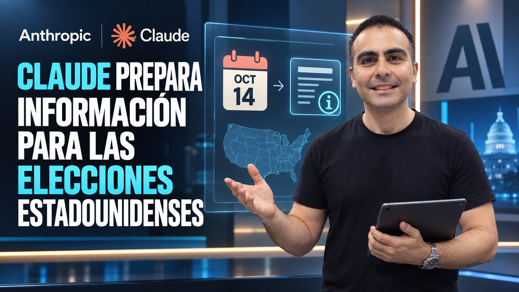 Ilustración conceptual de Álvaro, con rostro visible y mirada al frente, presentando con una mano abierta un panel de información sobre el plan de Claude para las elecciones de Estados Unidos.