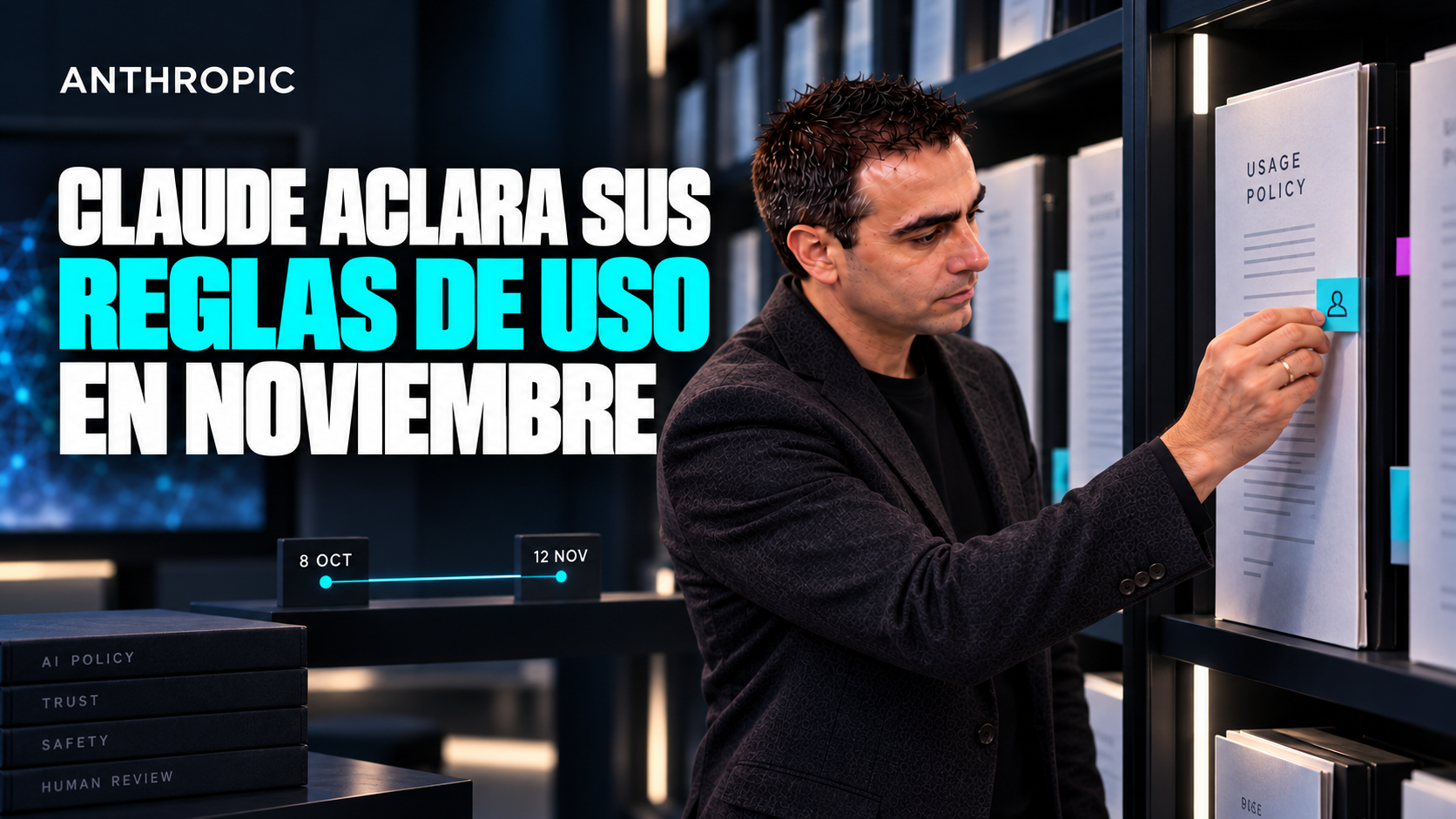 Ilustración editorial: Álvaro marca un punto de revisión humana en un documento de política de uso de Claude, con hitos del 8 de octubre y 12 de noviembre.