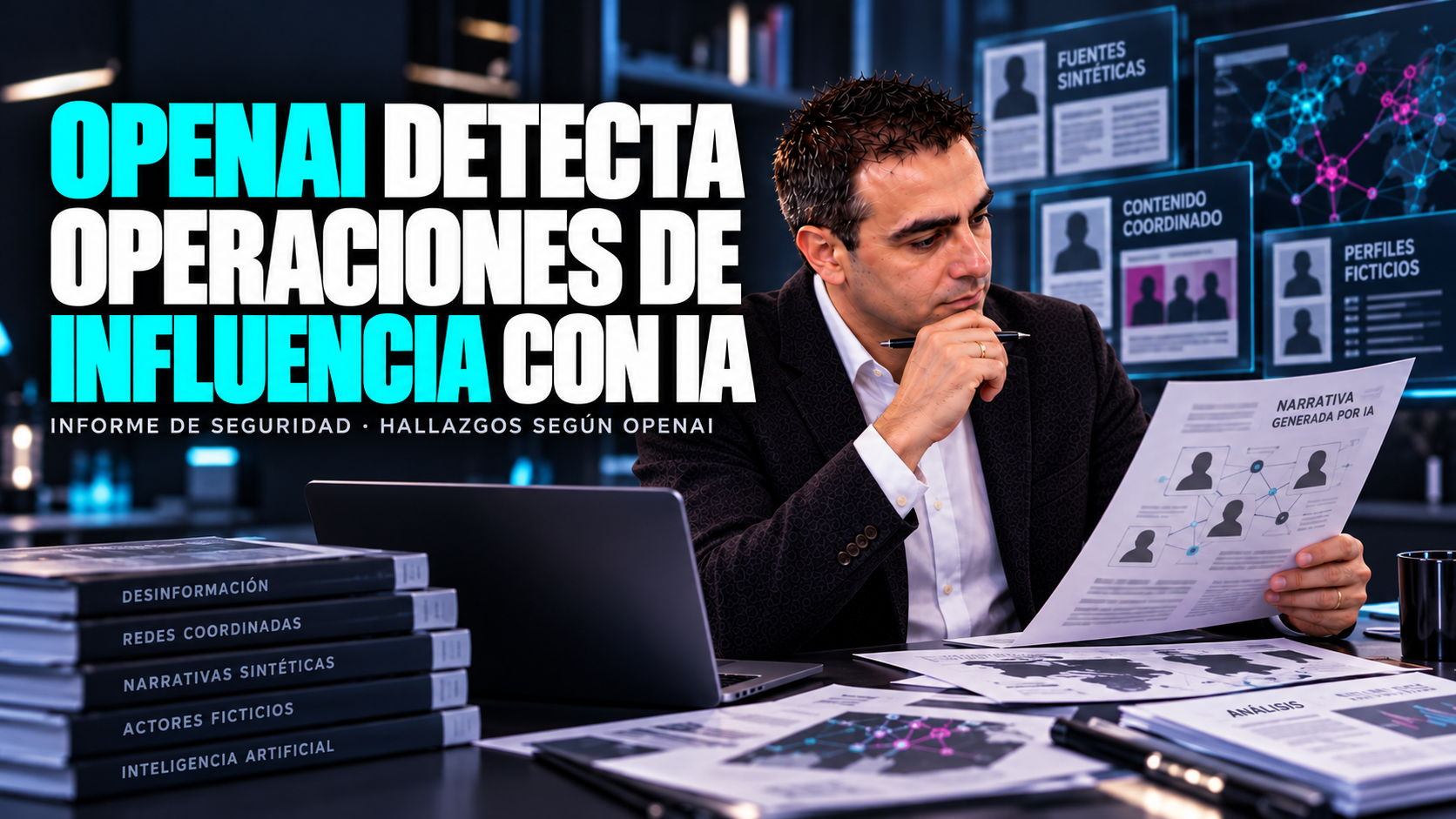 Portada ilustrativa con Álvaro revisando fuentes y perfiles ficticios, titulada OpenAI detecta operaciones de influencia con IA.