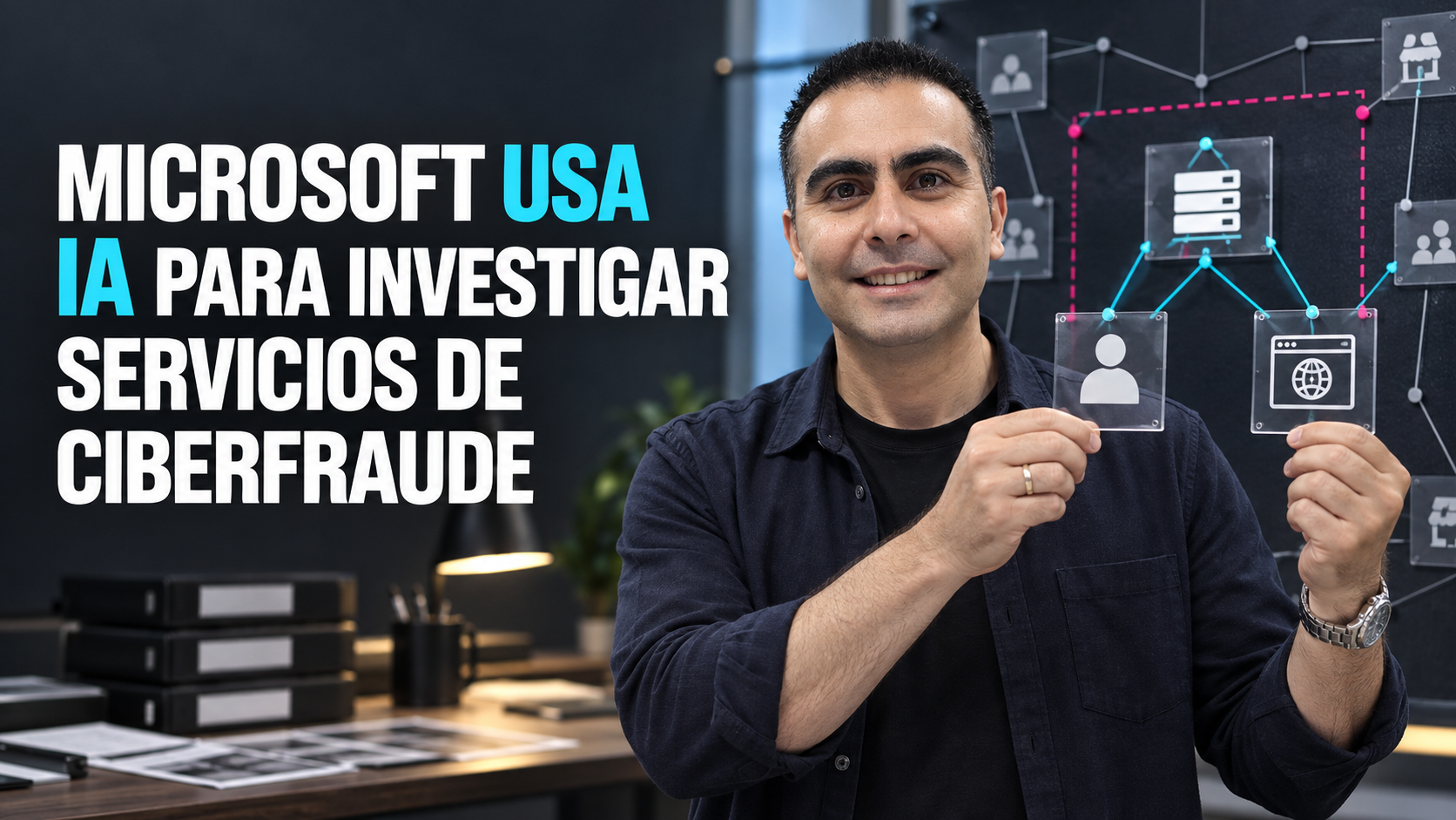 Ilustración conceptual de Álvaro, con rostro visible y mirada al frente, comparando tarjetas de una cuenta y un sitio junto a un mapa de infraestructura para explicar la investigación asistida por IA.