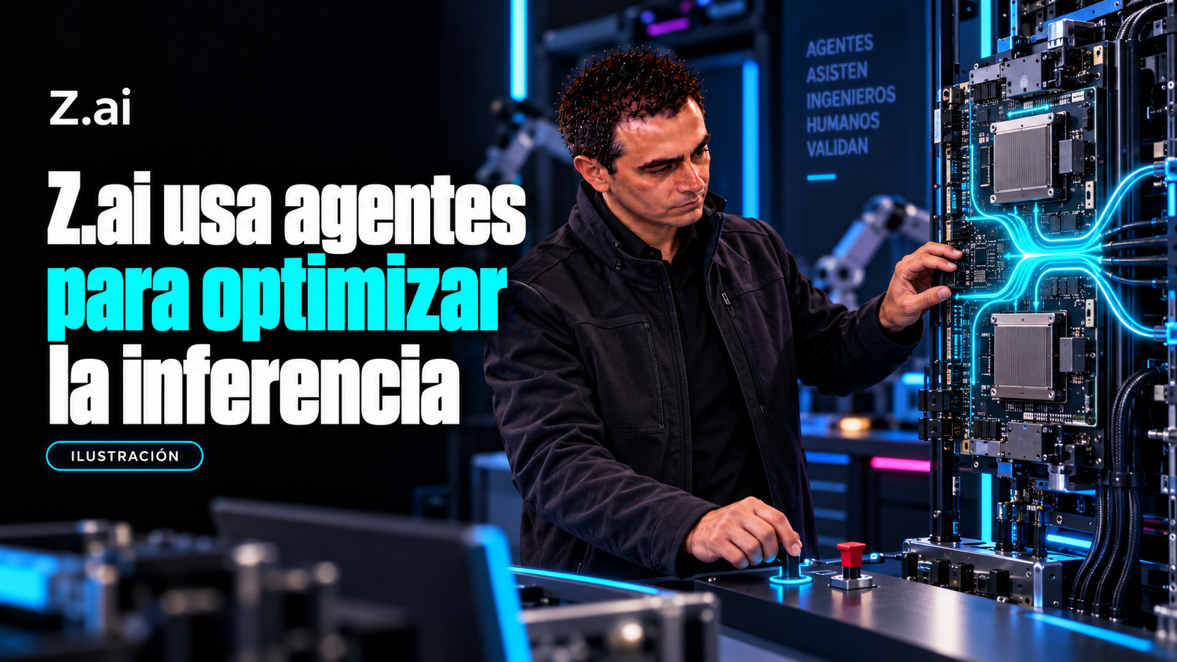 Ilustración editorial de Álvaro inspeccionando una placa de aceleradores para explicar el uso de agentes en la optimización de inferencia de Z.ai.