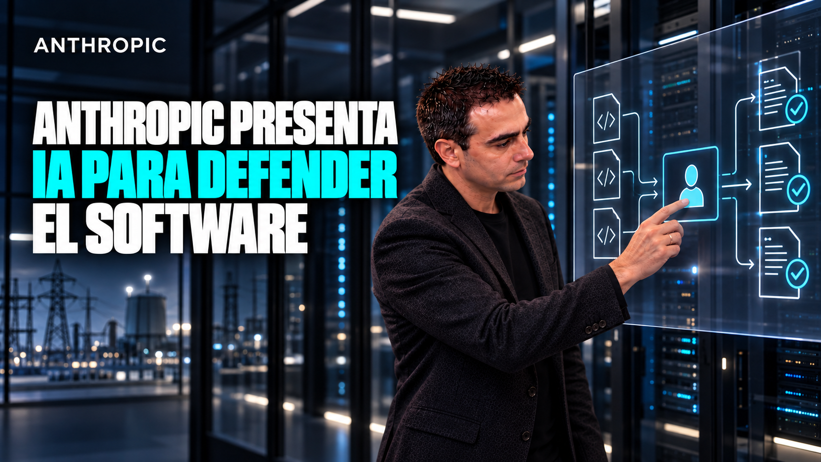 Ilustración editorial de Álvaro de pie ante servidores, examinando un esquema conceptual de revisión humana del software, con el título Anthropic presenta IA para defender el software.