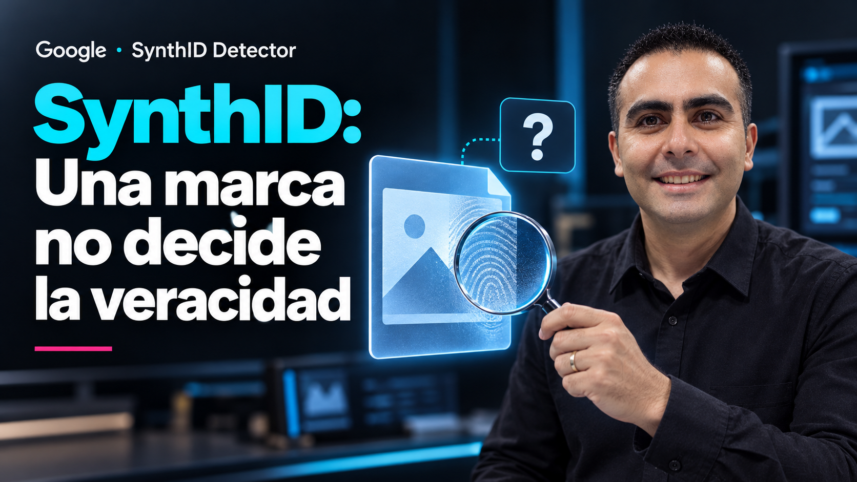 Álvaro examina con una lupa un archivo ilustrado y una huella digital; el titular explica que una marca SynthID no decide la veracidad.
