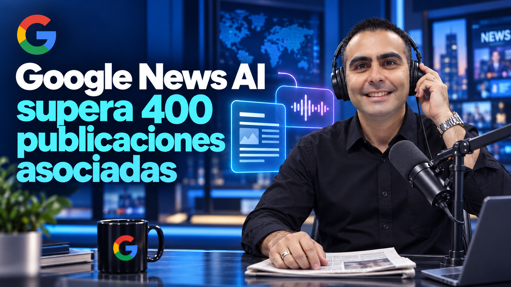 Álvaro con auriculares y micrófono en una redacción, junto a un periódico y tarjetas conceptuales de resumen y audio. Ilustración del anuncio de Google News AI.