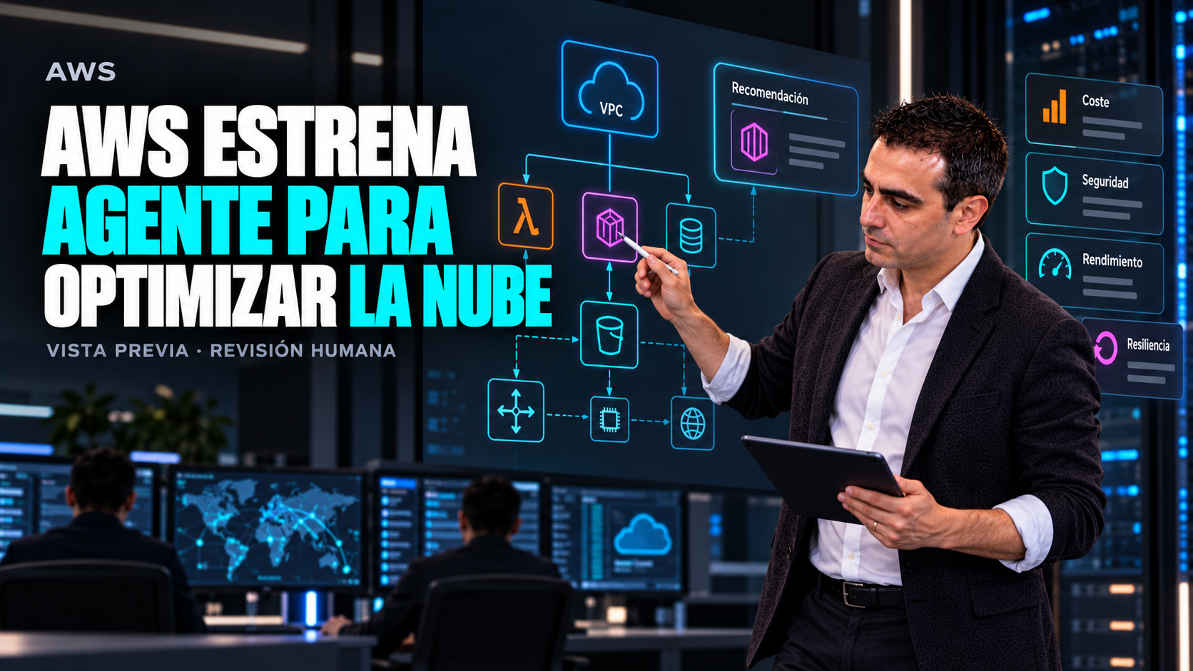 Portada editorial: Álvaro revisa recomendaciones de arquitectura cloud de AWS en una sala de operaciones, con diagramas de nube y el texto AWS estrena agente para optimizar la nube; vista previa y revisión humana.