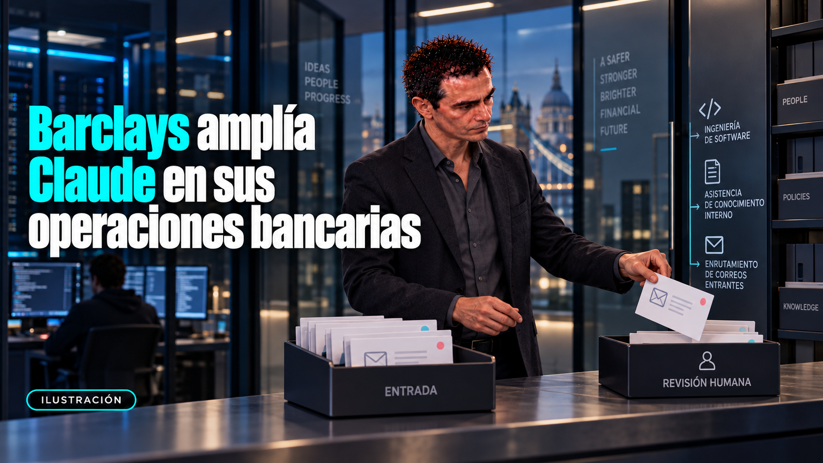 Ilustración de Álvaro revisando correo en un entorno bancario; titular: Barclays amplía Claude en sus operaciones bancarias.