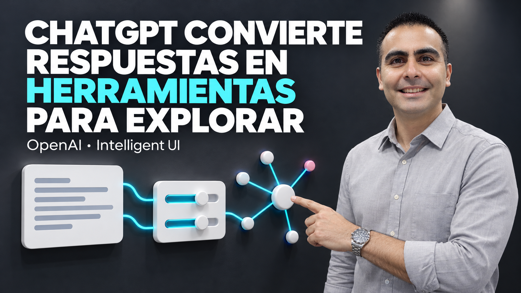 Álvaro de pie señala una maqueta física de nodos conectados; una respuesta abstracta se transforma en deslizadores y un diagrama para representar las herramientas interactivas de ChatGPT.