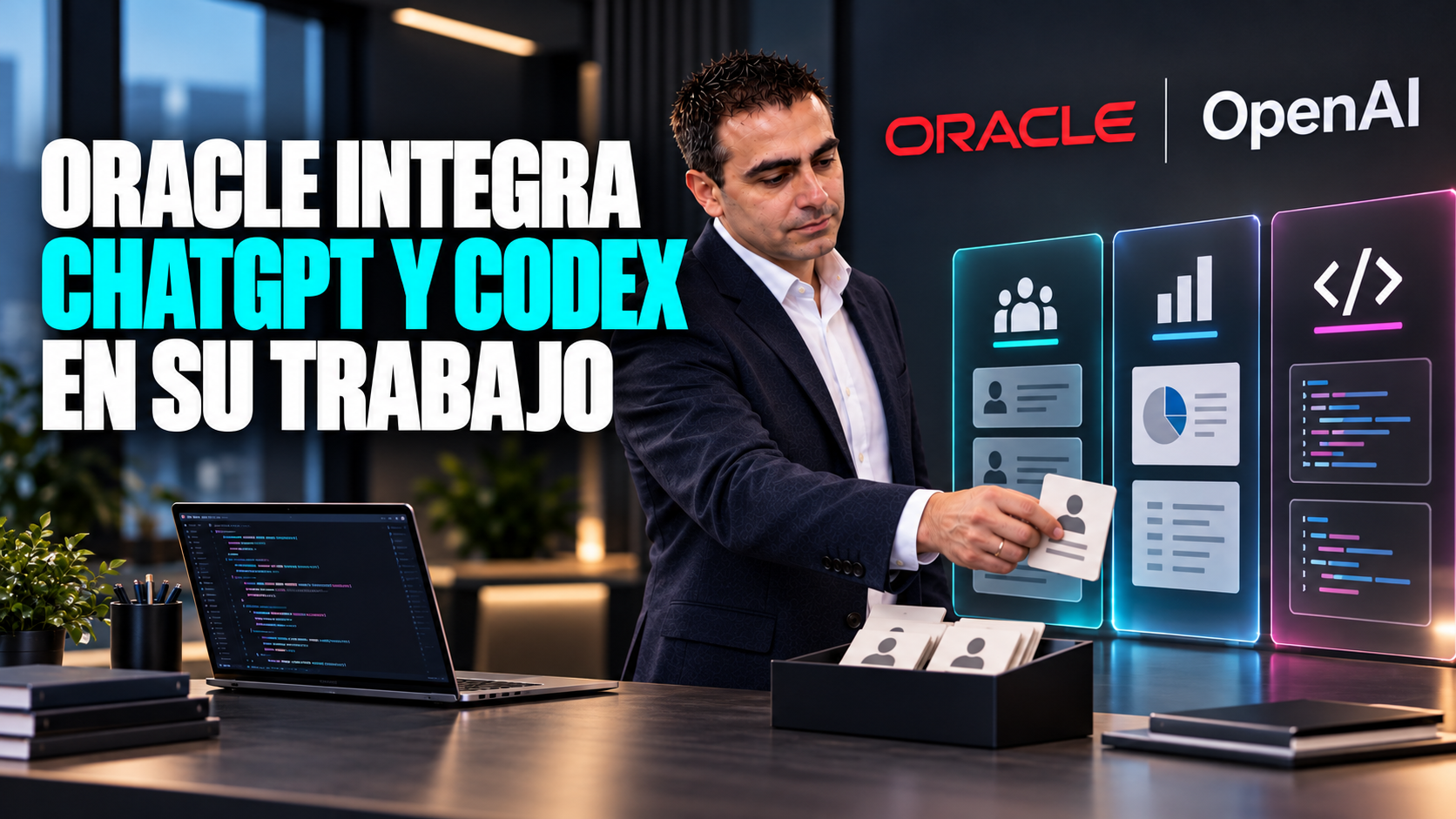 Ilustración editorial: Álvaro organiza tarjetas de reclutamiento junto a paneles de análisis y código, con los nombres Oracle y OpenAI.