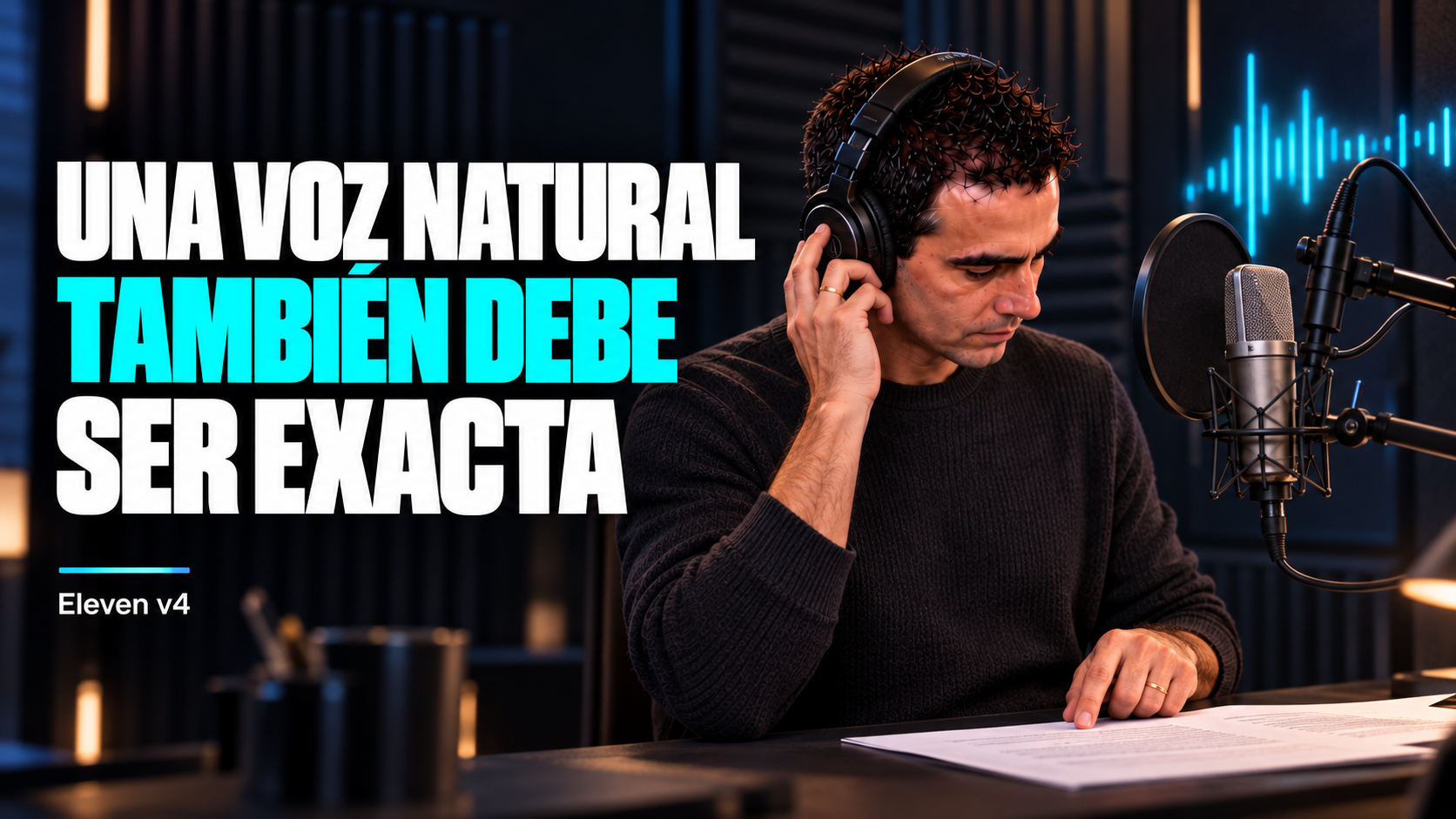 Ilustración editorial de Álvaro escuchando una voz con auriculares y revisando un guion junto a un micrófono.
