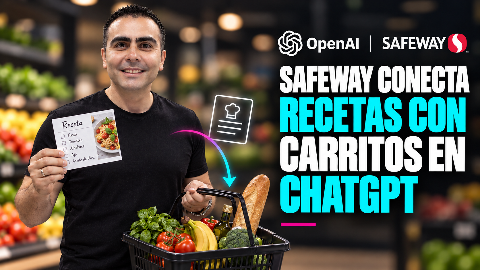 Ilustración editorial de Álvaro, de pie y mirando al frente en una tienda de alimentos, sosteniendo una receta y una cesta para explicar el recorrido de Safeway en ChatGPT.