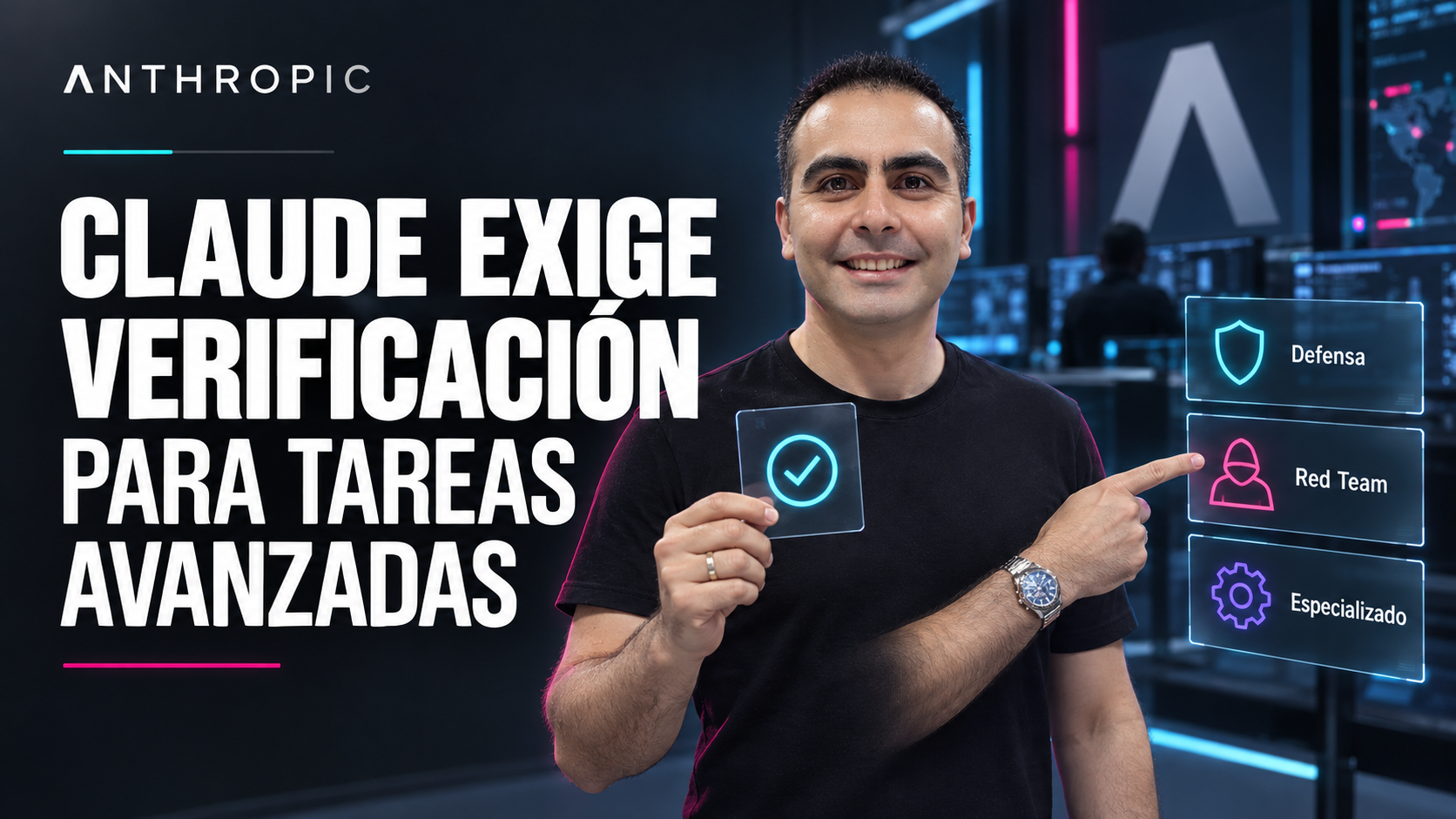 Ilustración conceptual de Álvaro, con rostro y mirada al frente, sosteniendo una tarjeta de verificación y señalando los tres niveles de ciberseguridad de Claude.