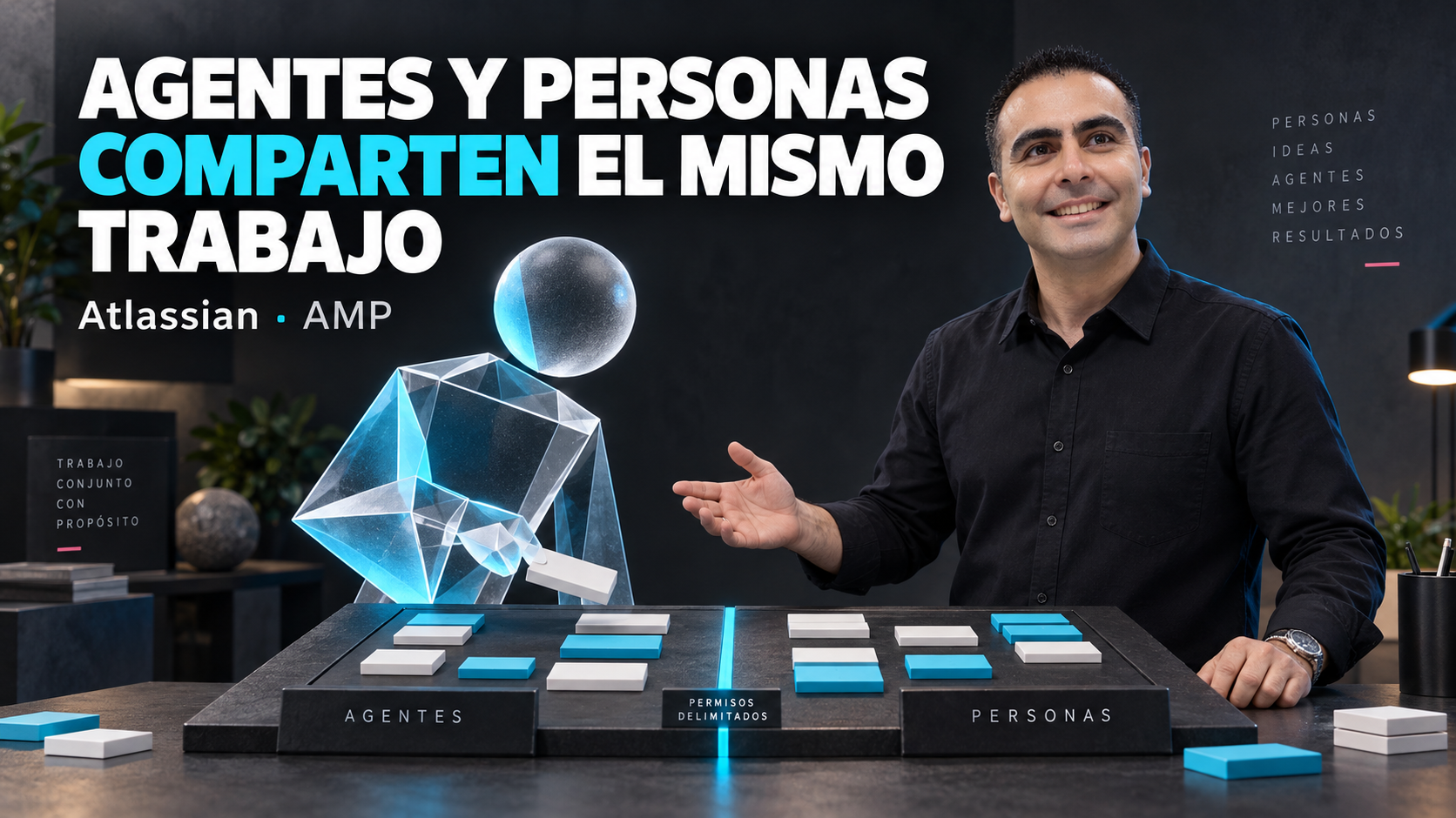 Álvaro invita con la mano abierta a colaborar junto a un tablero físico de tareas compartido con una figura abstracta de agente; el titular dice que agentes y personas comparten el mismo trabajo.