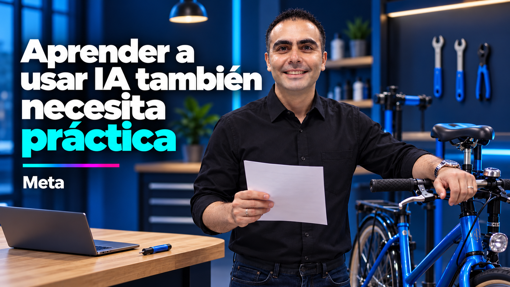 Álvaro revisa un presupuesto junto a una bicicleta del taller.