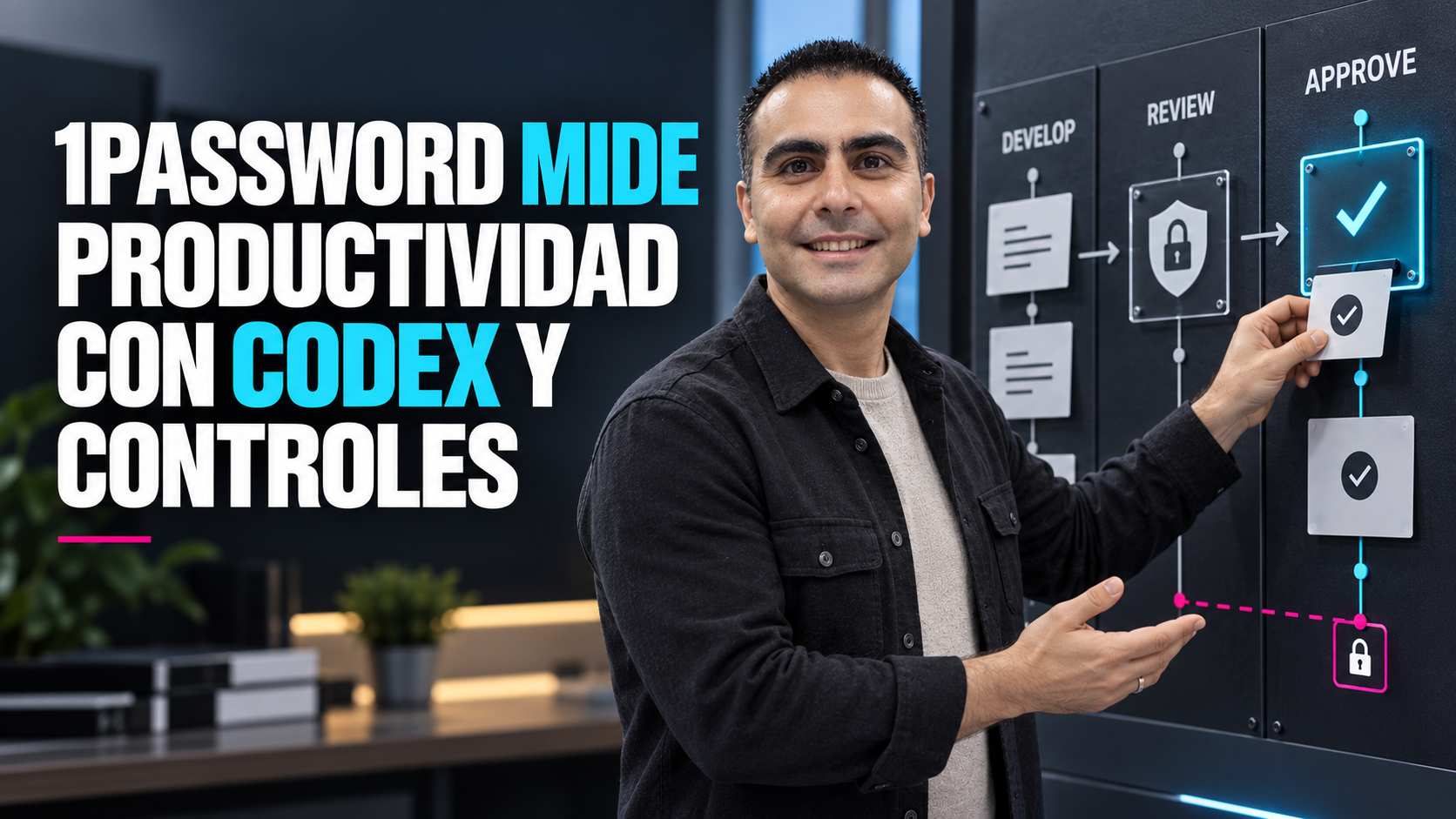 Ilustración editorial de Álvaro, de pie y con mirada al frente, trasladando una ficha a una etapa de aprobación para explicar productividad y controles en el caso 1Password y Codex.