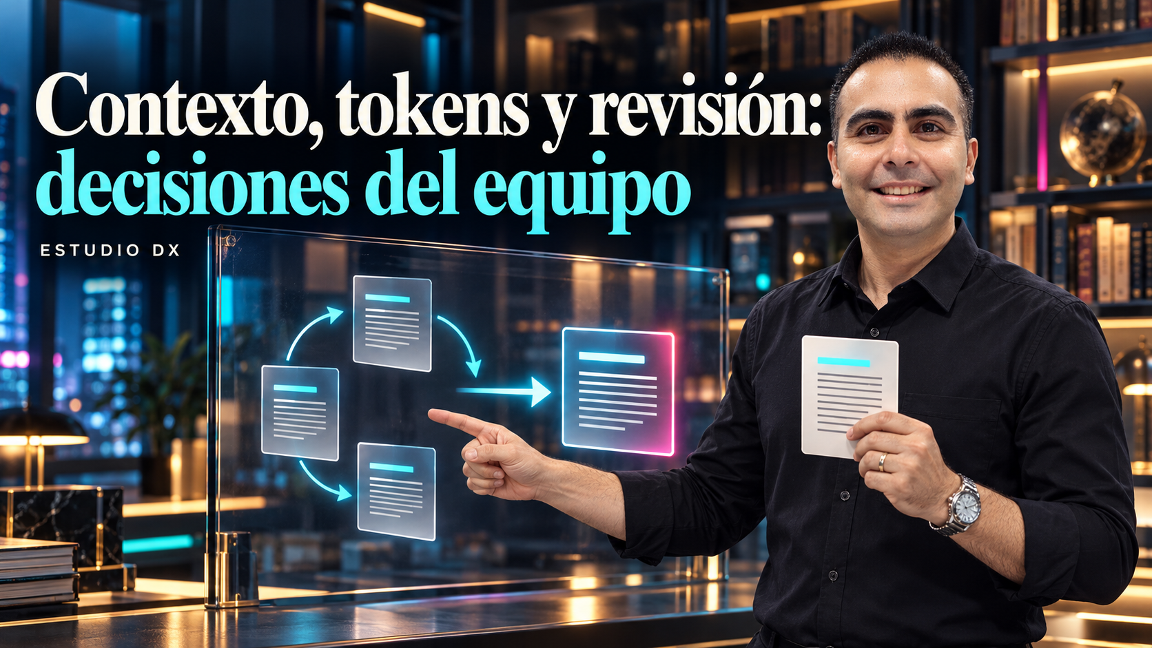 Álvaro señala un circuito de documentos y sostiene una ficha de contexto.