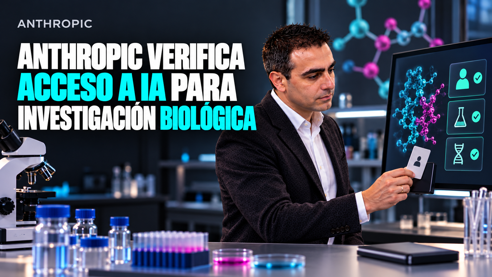 Ilustración editorial: Álvaro sostiene una tarjeta de acceso en un laboratorio conceptual de biotecnología, junto a diagramas moleculares y el nombre Anthropic.