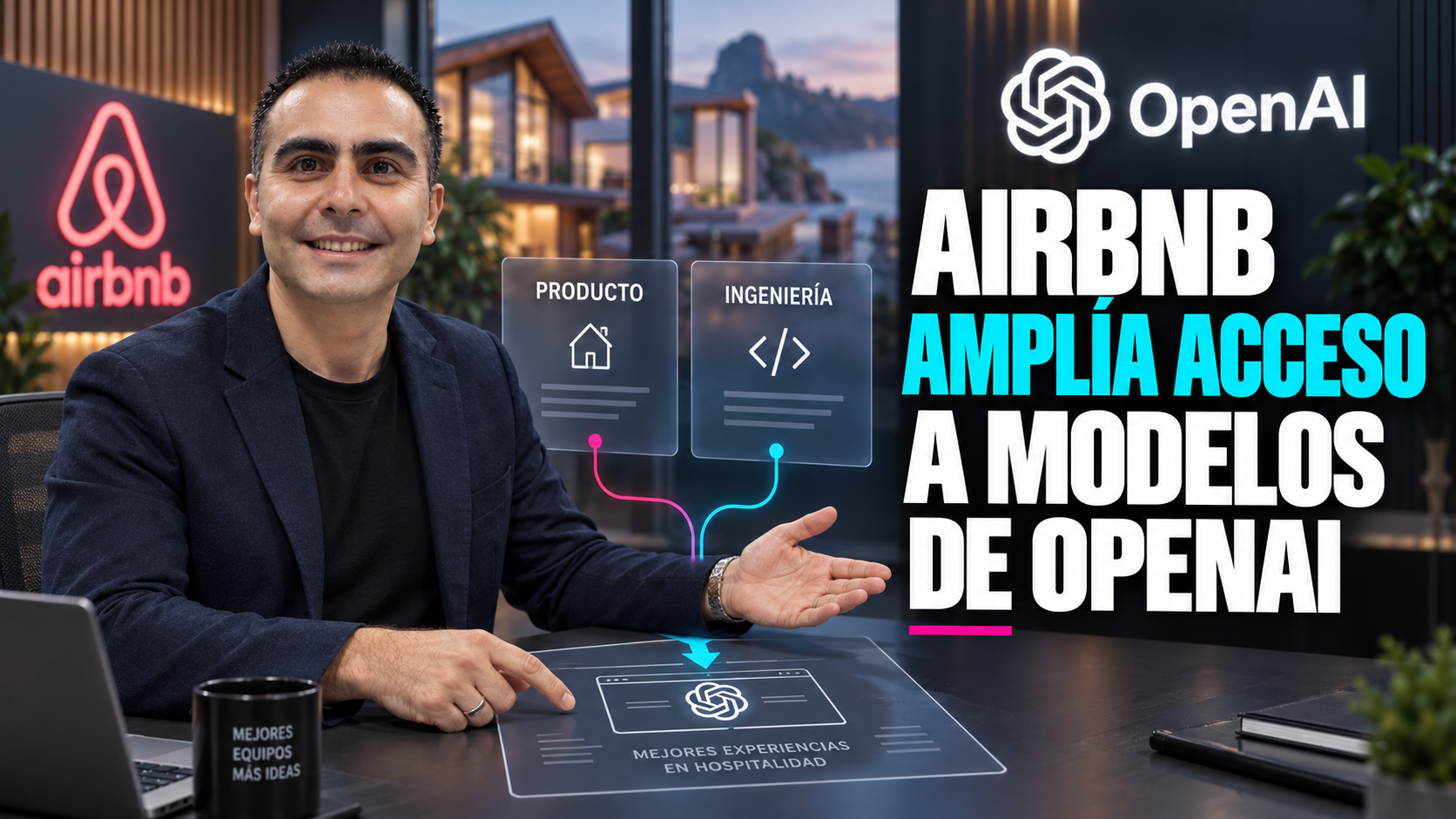 Ilustración editorial de Álvaro, sentado erguido y mirando al frente, explicando un esquema conceptual de producto e ingeniería junto a los identificadores de Airbnb y OpenAI.