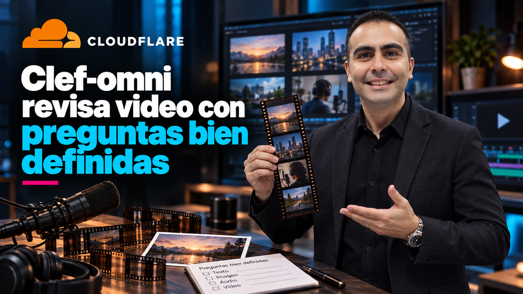 Ilustración editorial de Álvaro mostrando una tira de fotogramas, con el rostro visible y un gesto de explicación, junto a medios de audio e imagen.