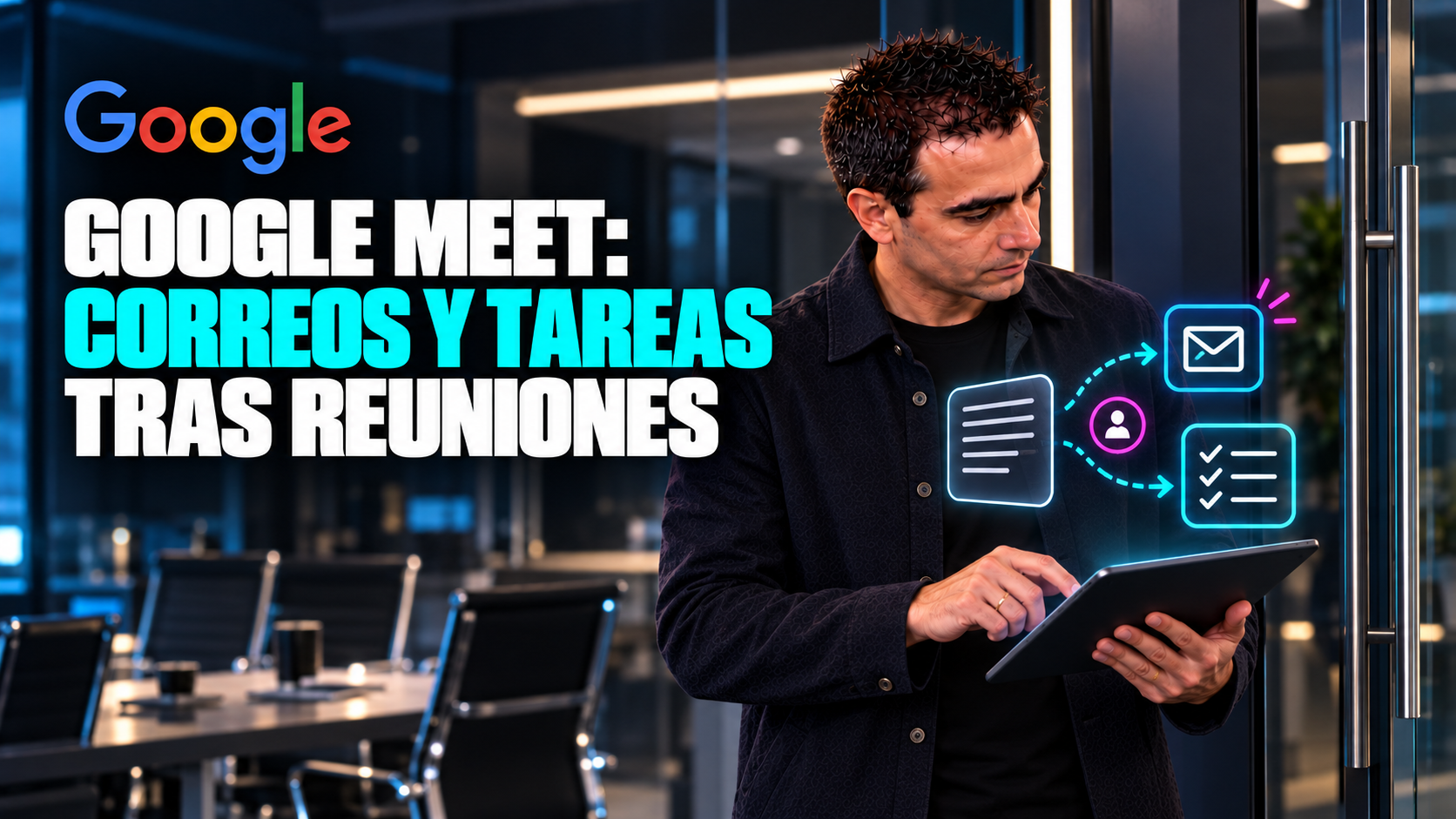 Ilustración editorial de Álvaro revisando en una tableta el seguimiento de una reunión, con símbolos de borrador de correo, tareas y revisión humana.