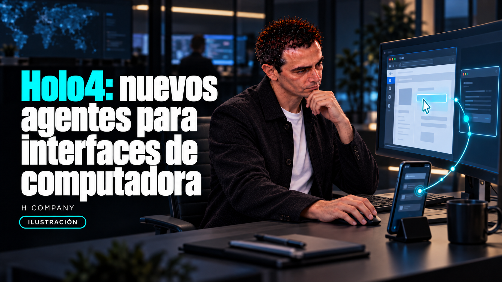 Ilustración de Álvaro ante un computador y un teléfono, en una portada sobre Holo4 y agentes que operan interfaces.