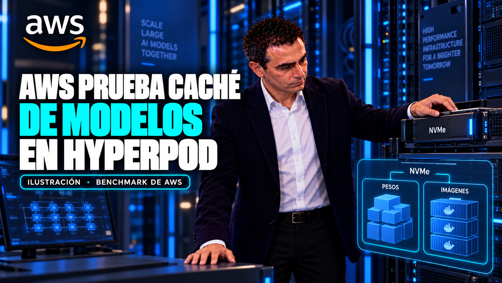 Ilustración editorial de Álvaro junto a almacenamiento NVMe con módulos separados de pesos e imágenes, logo AWS aislado, título AWS prueba caché de modelos en HyperPod y aviso Ilustración, benchmark de AWS.