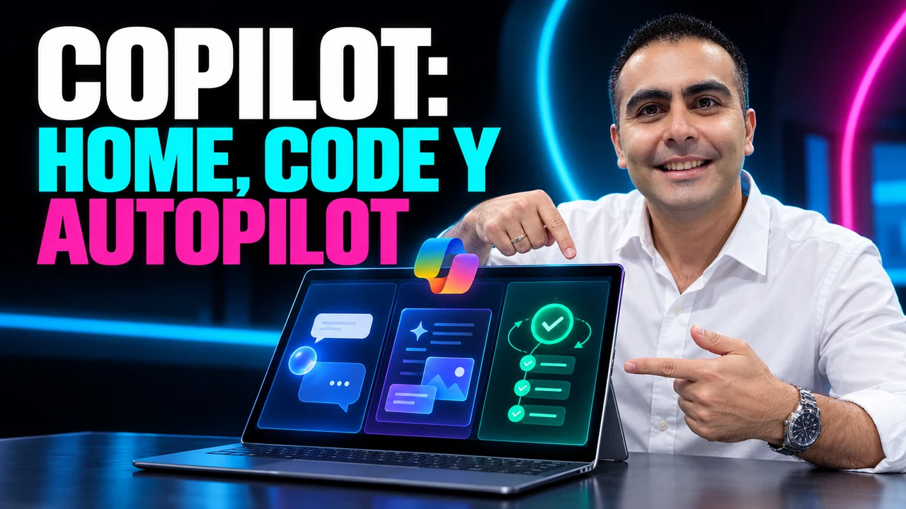 Ilustración editorial de Álvaro Maureira junto a Copilot Home, Code y Autopilot