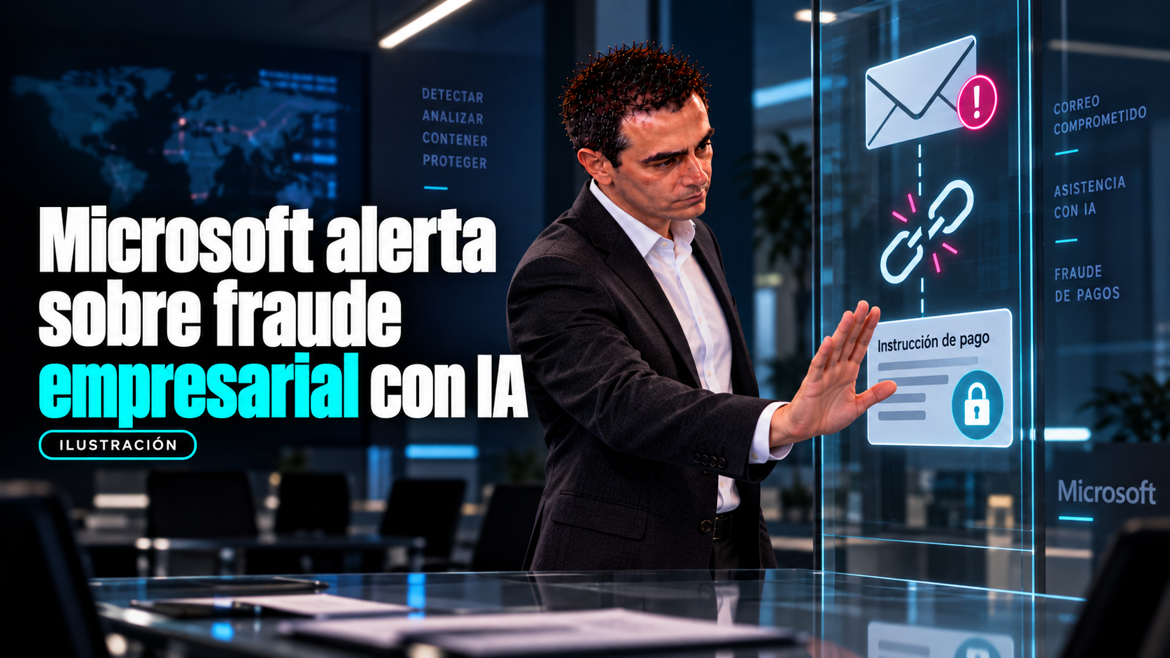 Ilustración editorial de Álvaro deteniendo una instrucción de pago frente a señales de correo comprometido para explicar el caso EvilTokens reportado por Microsoft.
