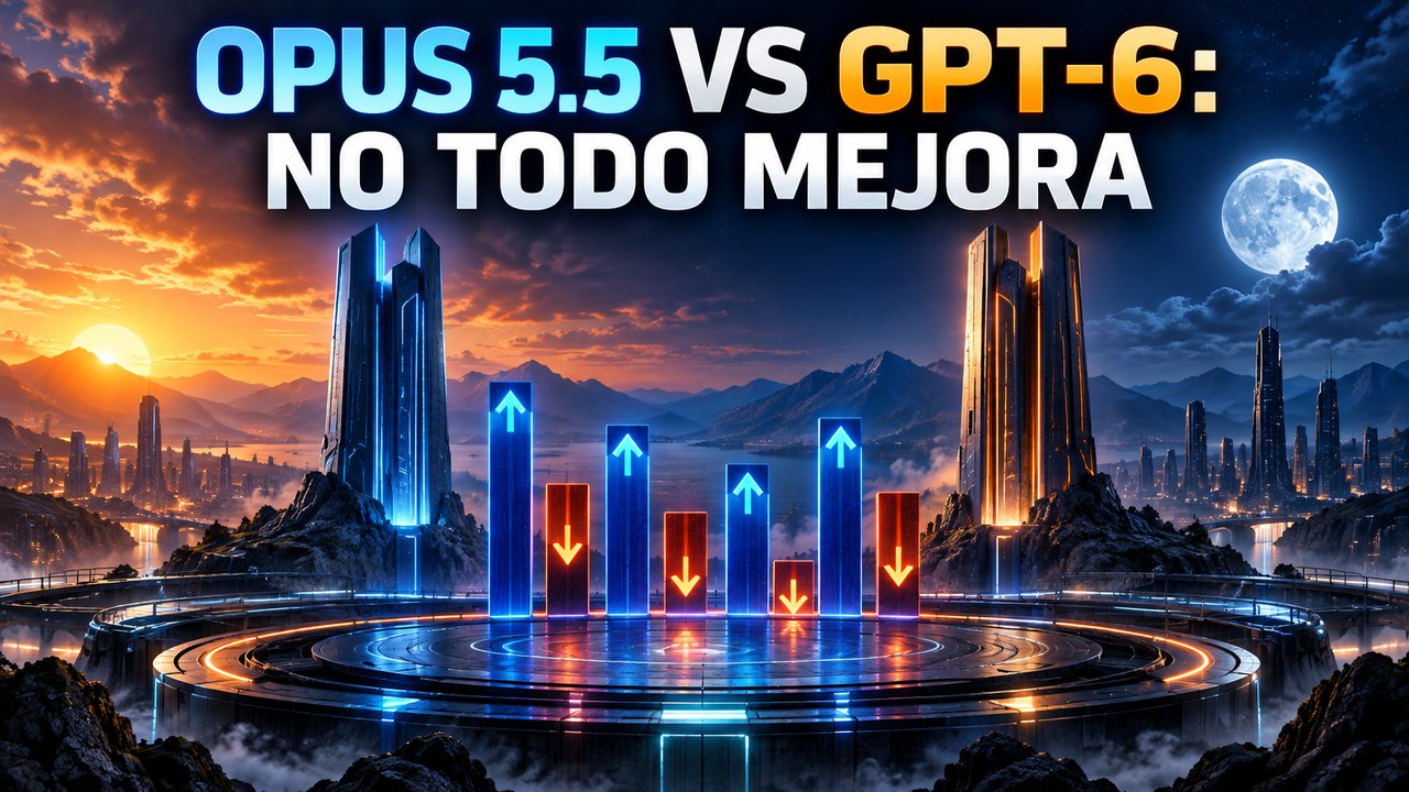 OPUS 5.5 VS GPT-6: NO TODO MEJORA. Composición editorial de dos ciudades tecnológicas y columnas de luz.